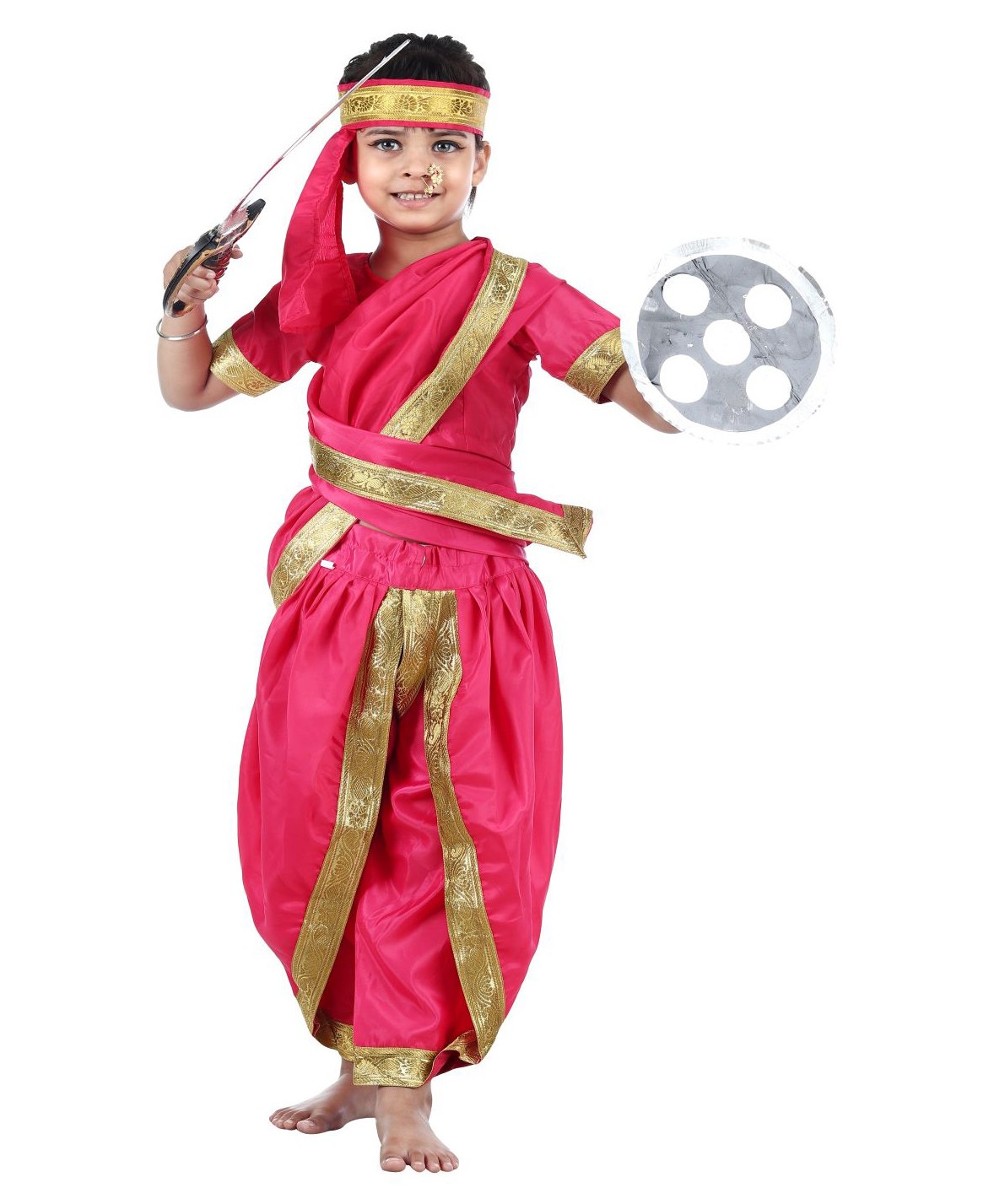 BookMyCostume Rani Laxmi Bai Jhansi ki Rani Fancy Dress Costume with Accessories - Pink & Golden-image-8