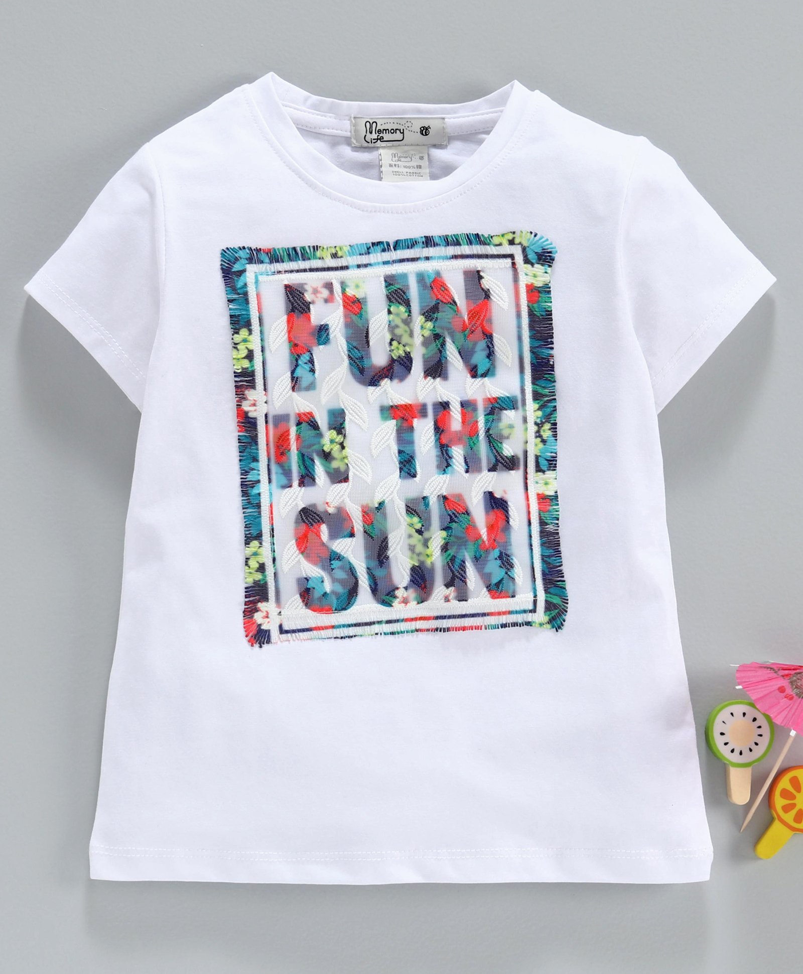 Memory Life Half Sleeves Tee Text Embroidered Patch - White-picture-25