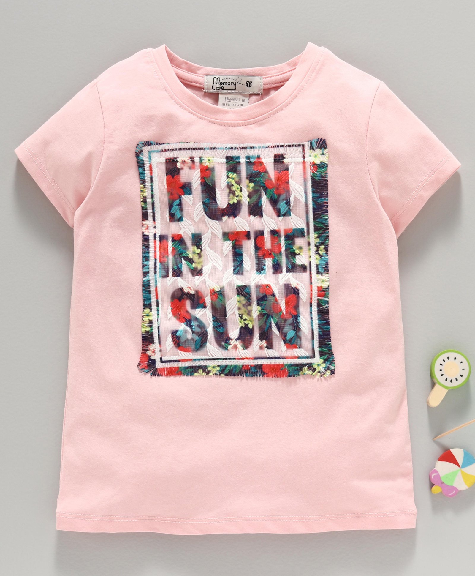 Memory Life Half Sleeves Tee Text Embroidered Patch - Pink-picture-27