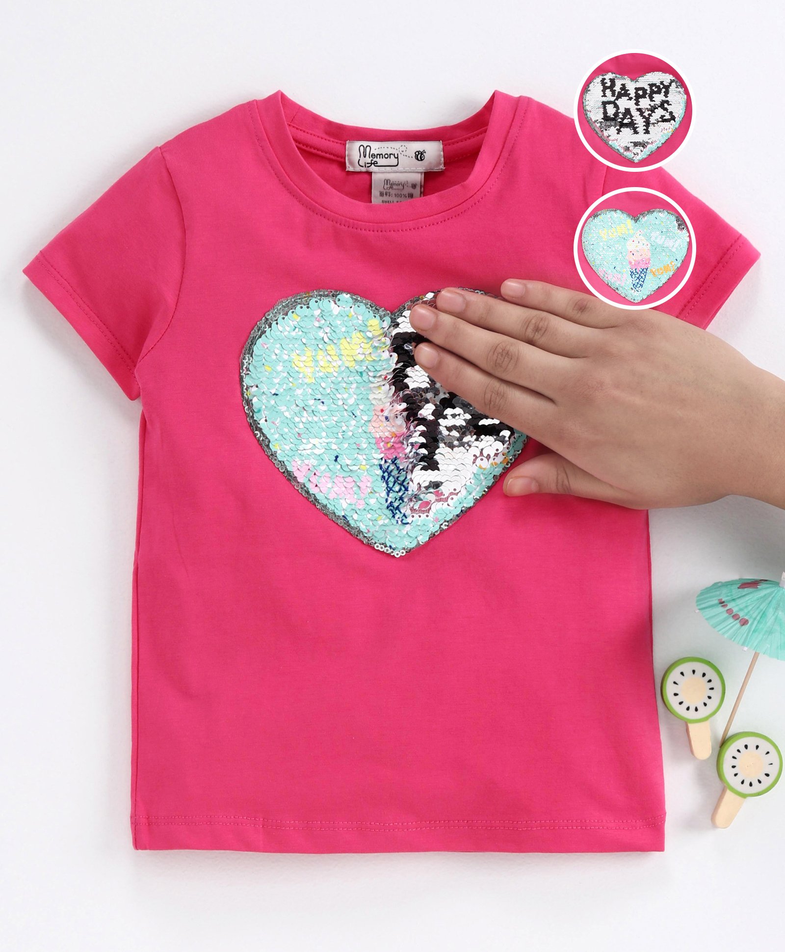 Memory Life Short Sleeves Sequin Flip Top Ice Cream Design - Pink-picture-30