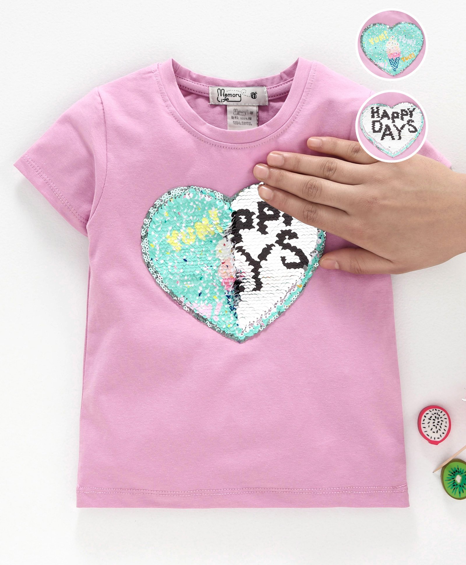 Memory Life Short Sleeves Sequin Flip Top Heart Patch - Purple-picture-25
