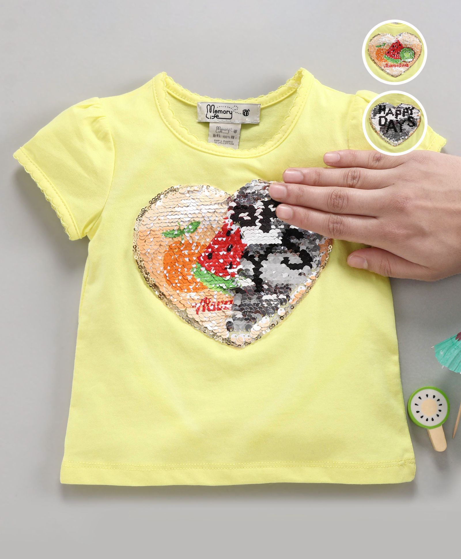 Memory Life Short Sleeves Sequin Flip Top Heart Patch - Yellow-picture-18
