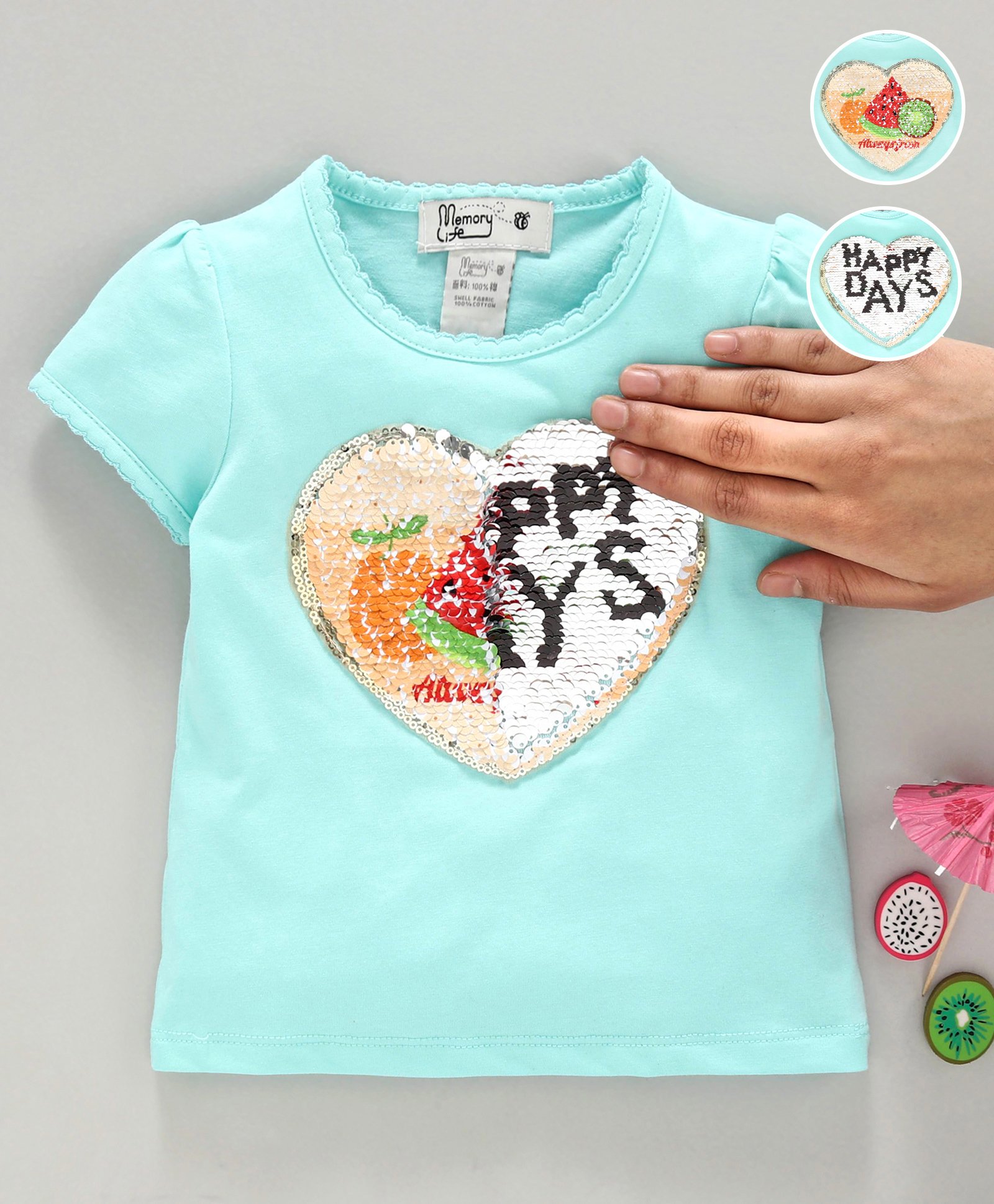 Memory Life Short Sleeves Sequin Flip Top Heart Patch - Sea Green-picture-9