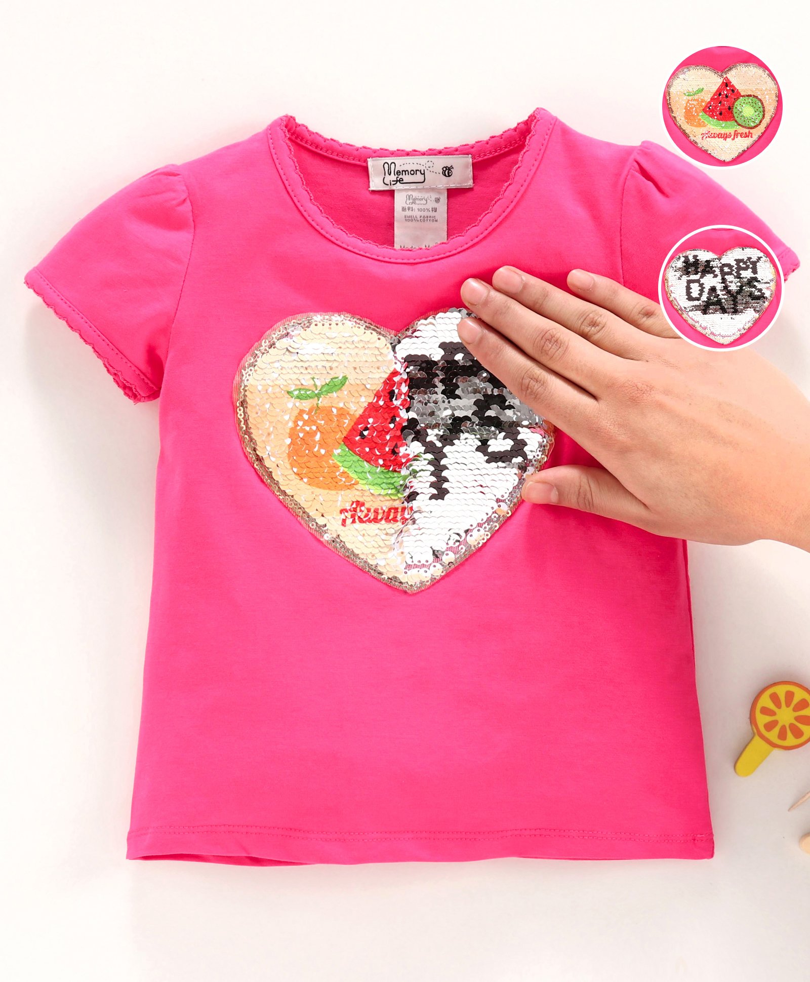Memory Life Short Sleeves Sequin Flip Top Heart Patch Fruit Design - Pink-picture-26