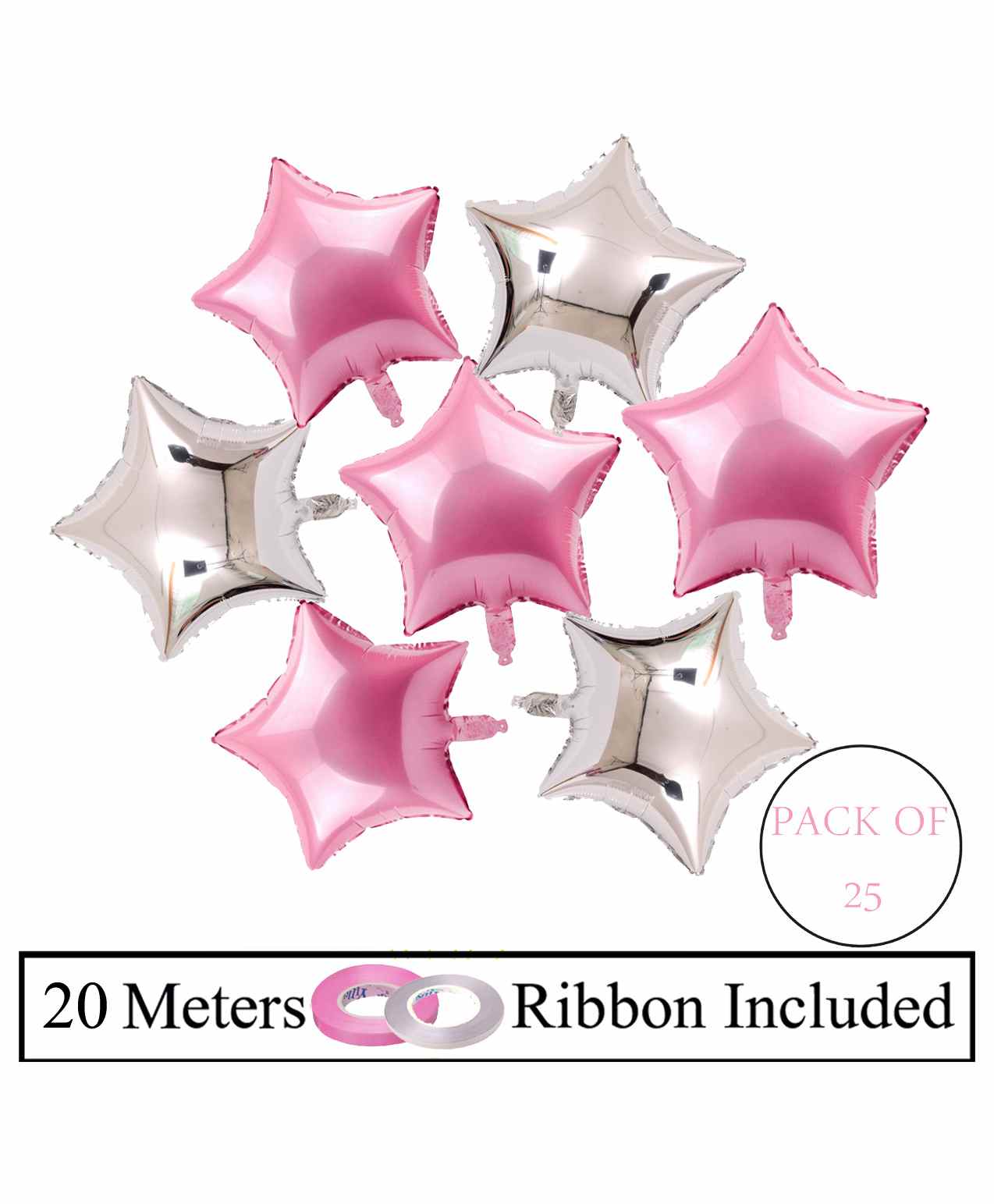 Amfin 9 Inches Star Shaped Foil Balloons with Ribbon Pink Sliver - Pack of 25-picture-33