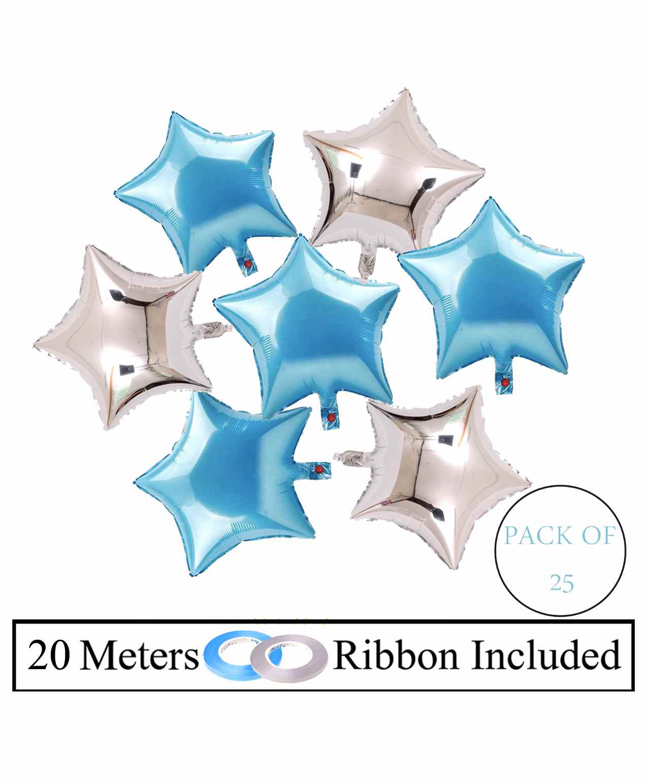 Amfin 9 Inches Star Shaped Foil Balloons with Ribbon Blue Sliver - Pack of 25-image-4