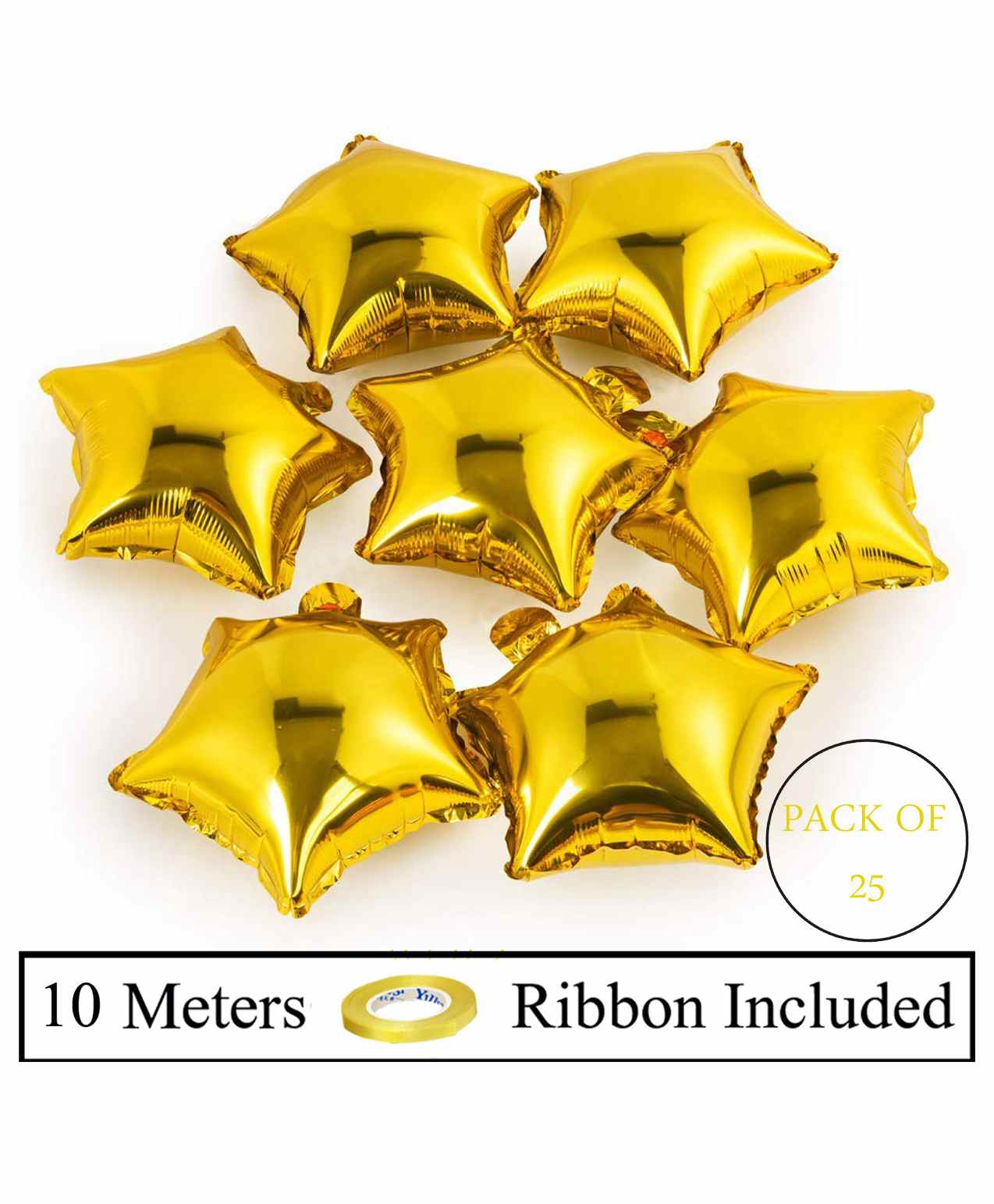Amfin 9 Inches Star Shaped Foil Balloons with Ribbon Golden - Pack of 25-picture-35