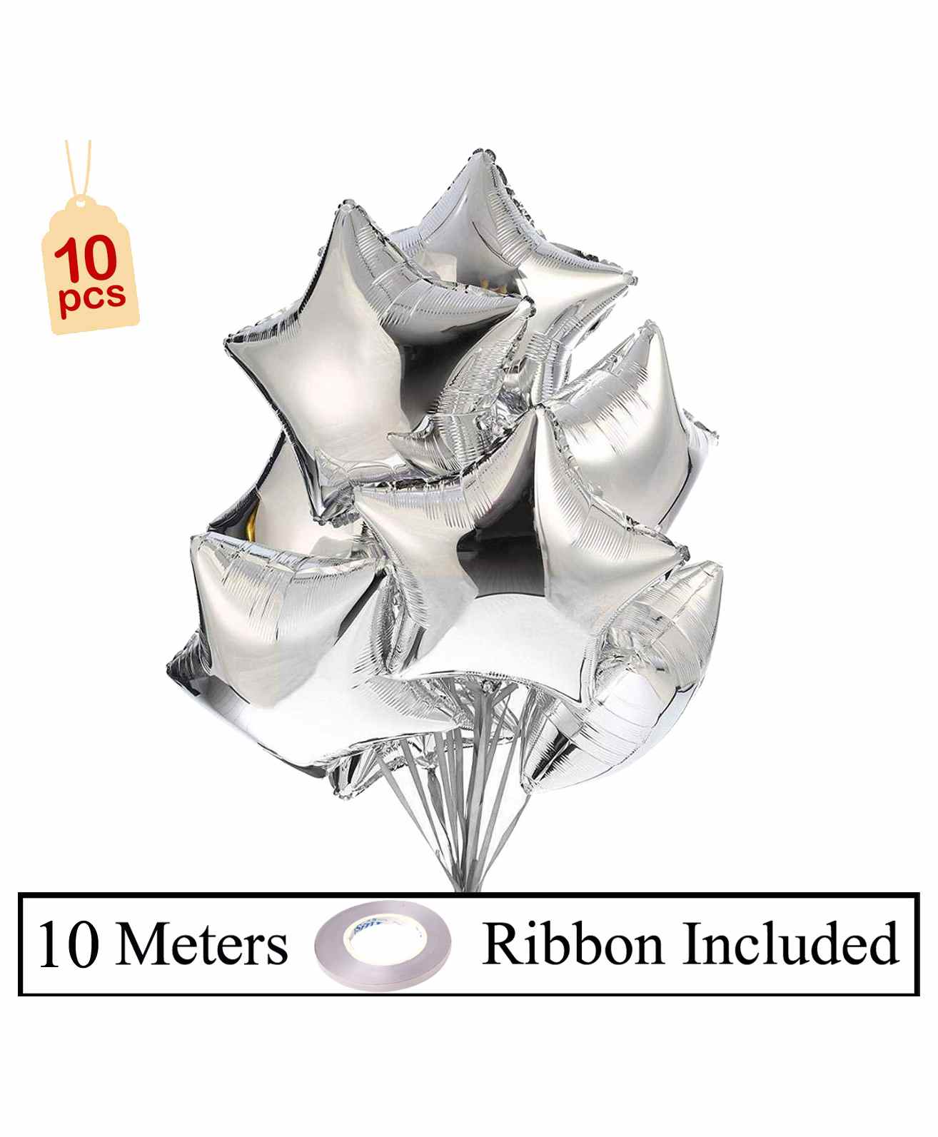 Amfin 18 Inches Star Shaped Foil Balloons with Ribbon Silver - Pack of 11-image-33
