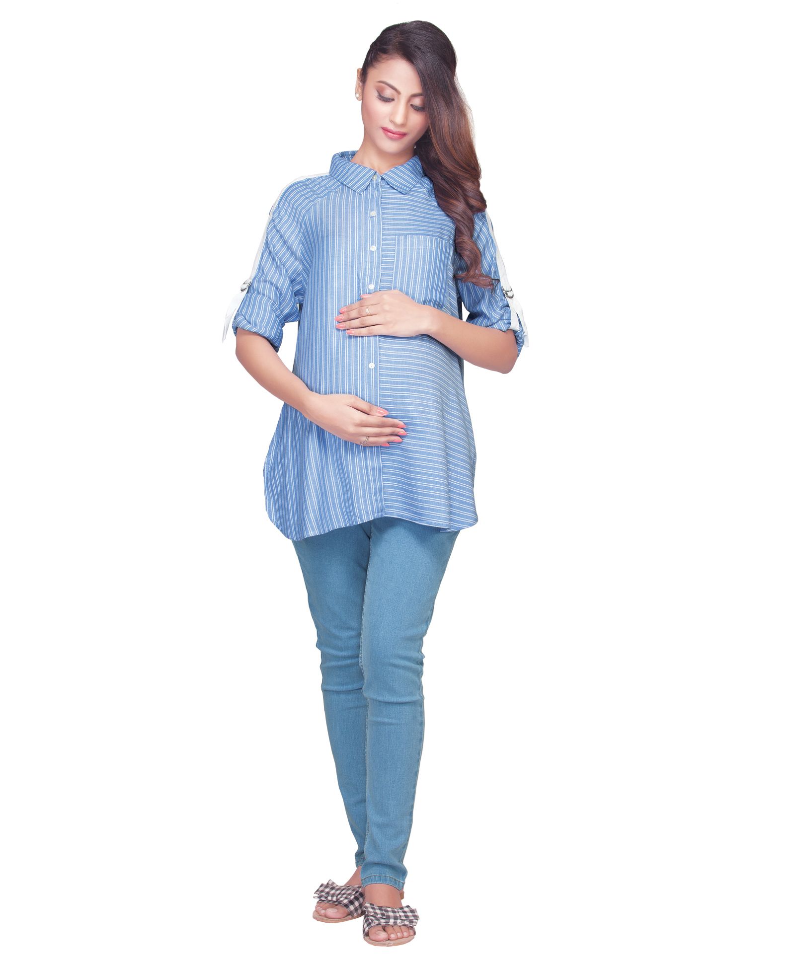 Kriti Three Fourth Sleeves Striped Maternity Tunic - Light Blue-picture-38