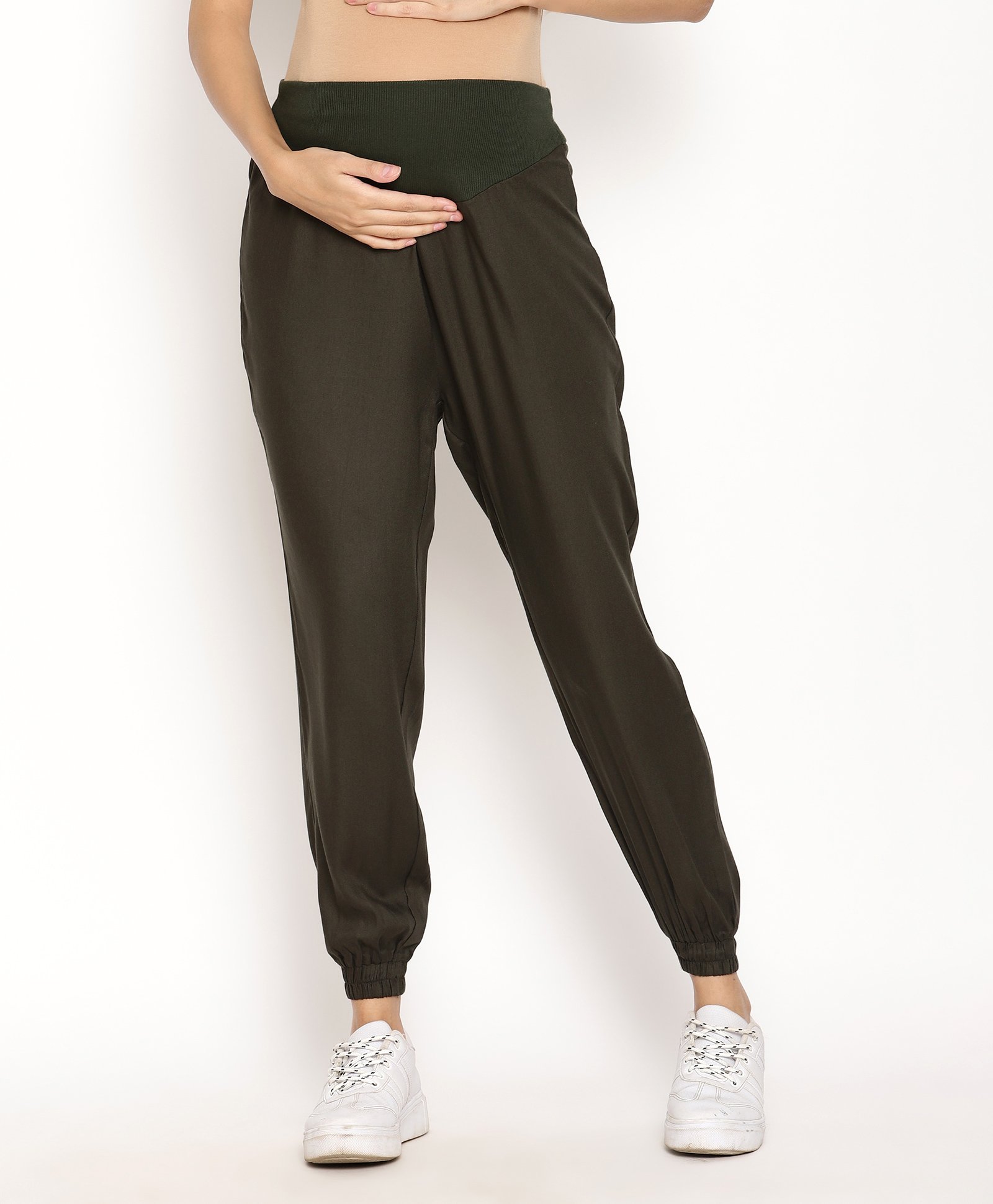 Kriti Full Length Maternity Joggers With Tummy Hug - Dark Olive Green-image-8