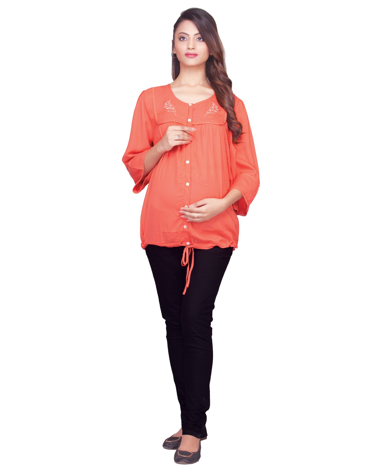 Kriti 3/4th Sleeves Cotton Maternity Top Flower Embroidered - Peach-picture-15