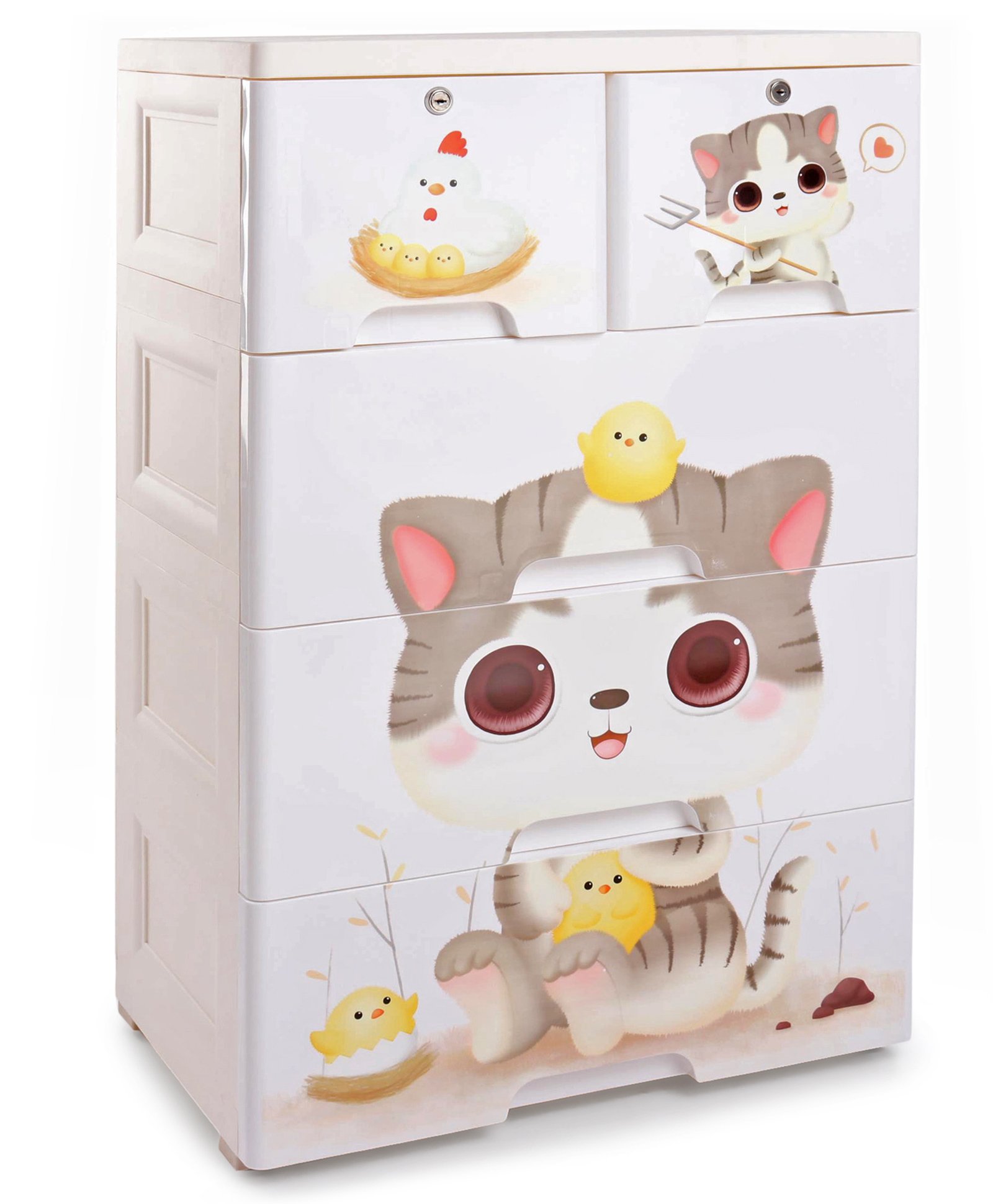 fab n funky 4 Layers High Density Plastic Storage Cabinate Kitty Print With Wheels - White-picture-17