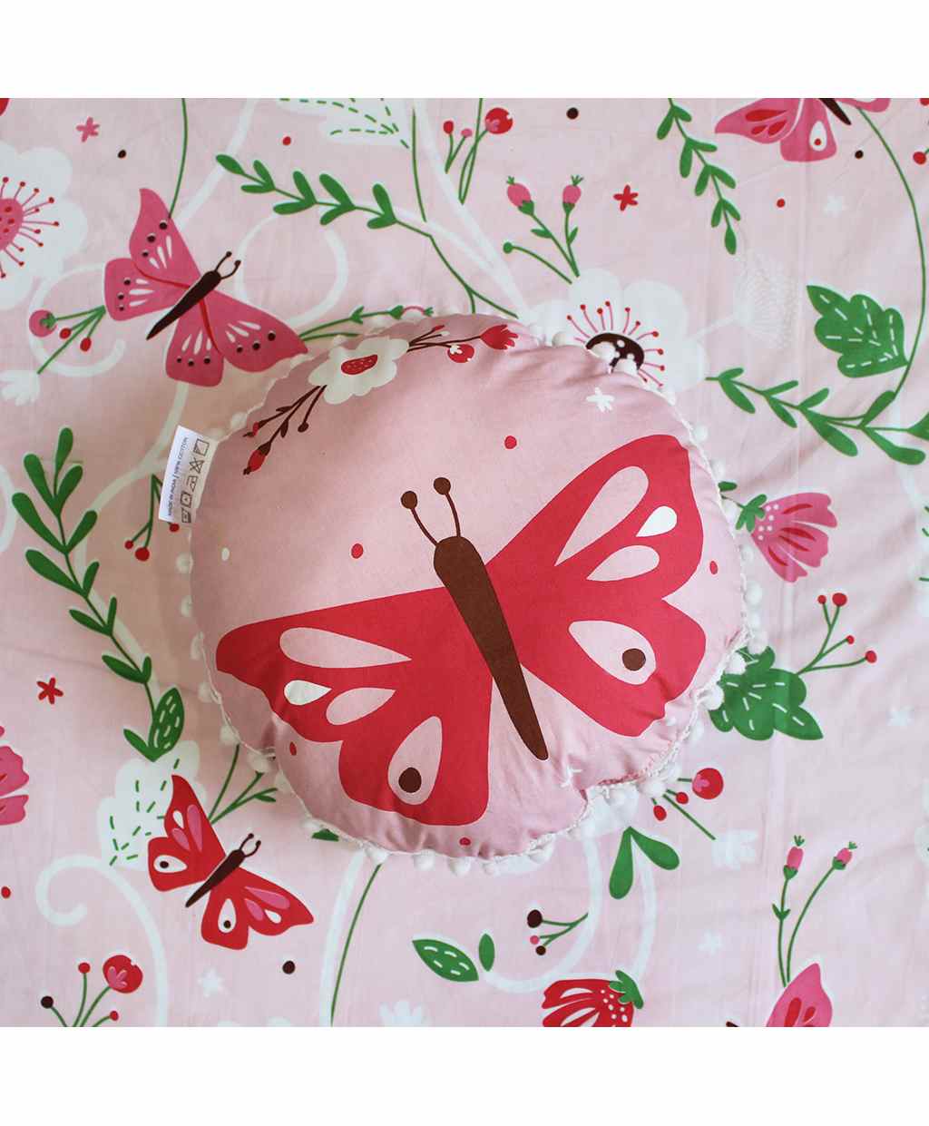 Silverlinen Cotton Butterfly Printed Round Cushion - Pink-image-16