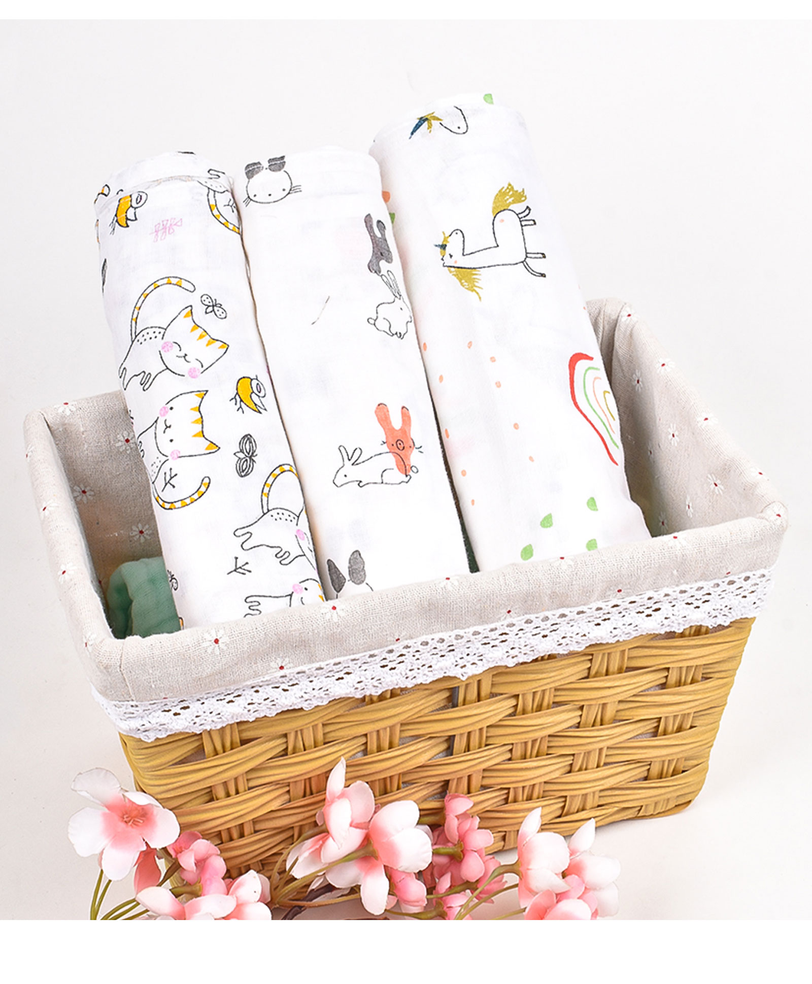 Mom's Home Cotton Muslin Swaddle Wrapper Animal Print Pack of 3 - White-picture-20