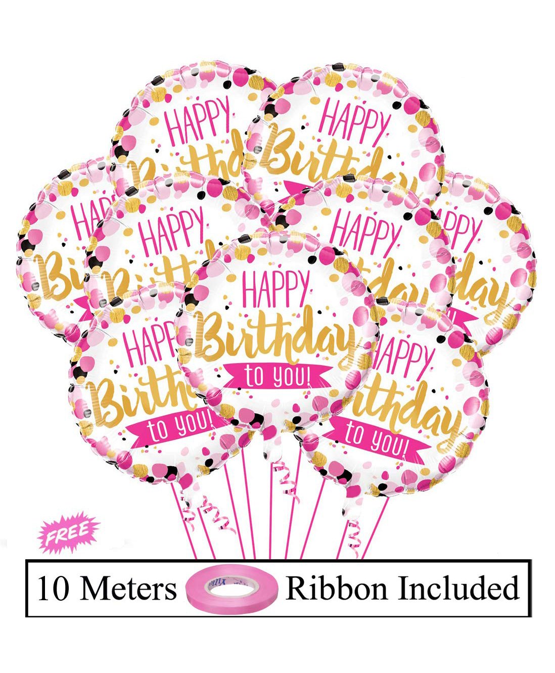 Amfin 18 Inches Birthday Foil Balloons With Ribbon Roll Pink - Pack of 10-image-34