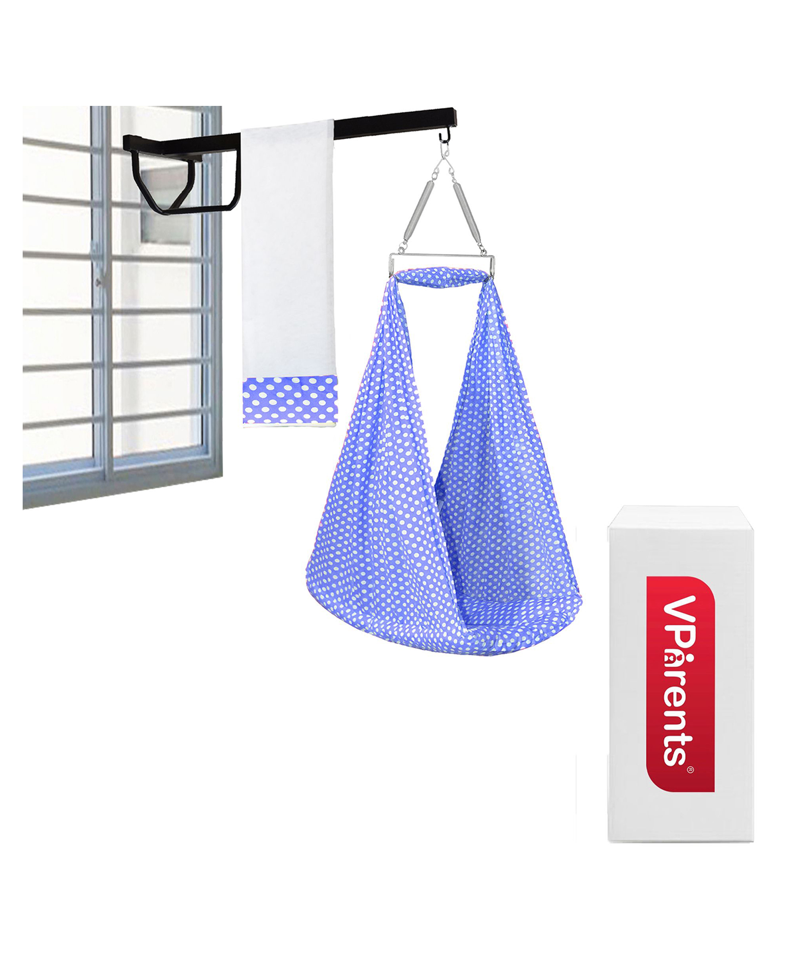 VParents Polka Dots Baby Swing Cradle with Mosquito Net Spring & Metal Window Cradle Hanger - Blue-image-42
