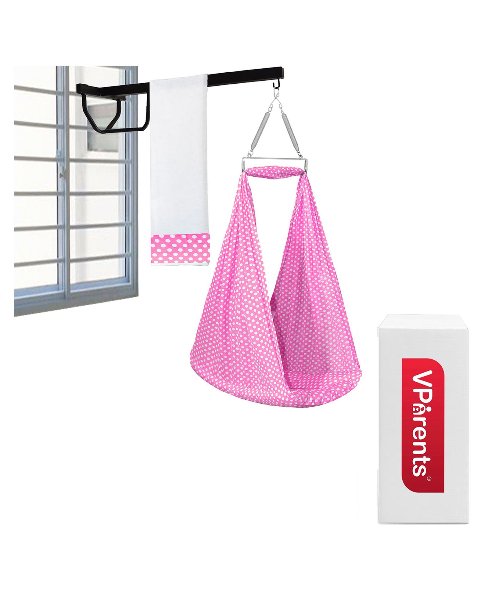 VParents Polka Dots Baby Swing Cradle with Mosquito Net Spring & Metal Window Cradle Hanger - Pink-image-17