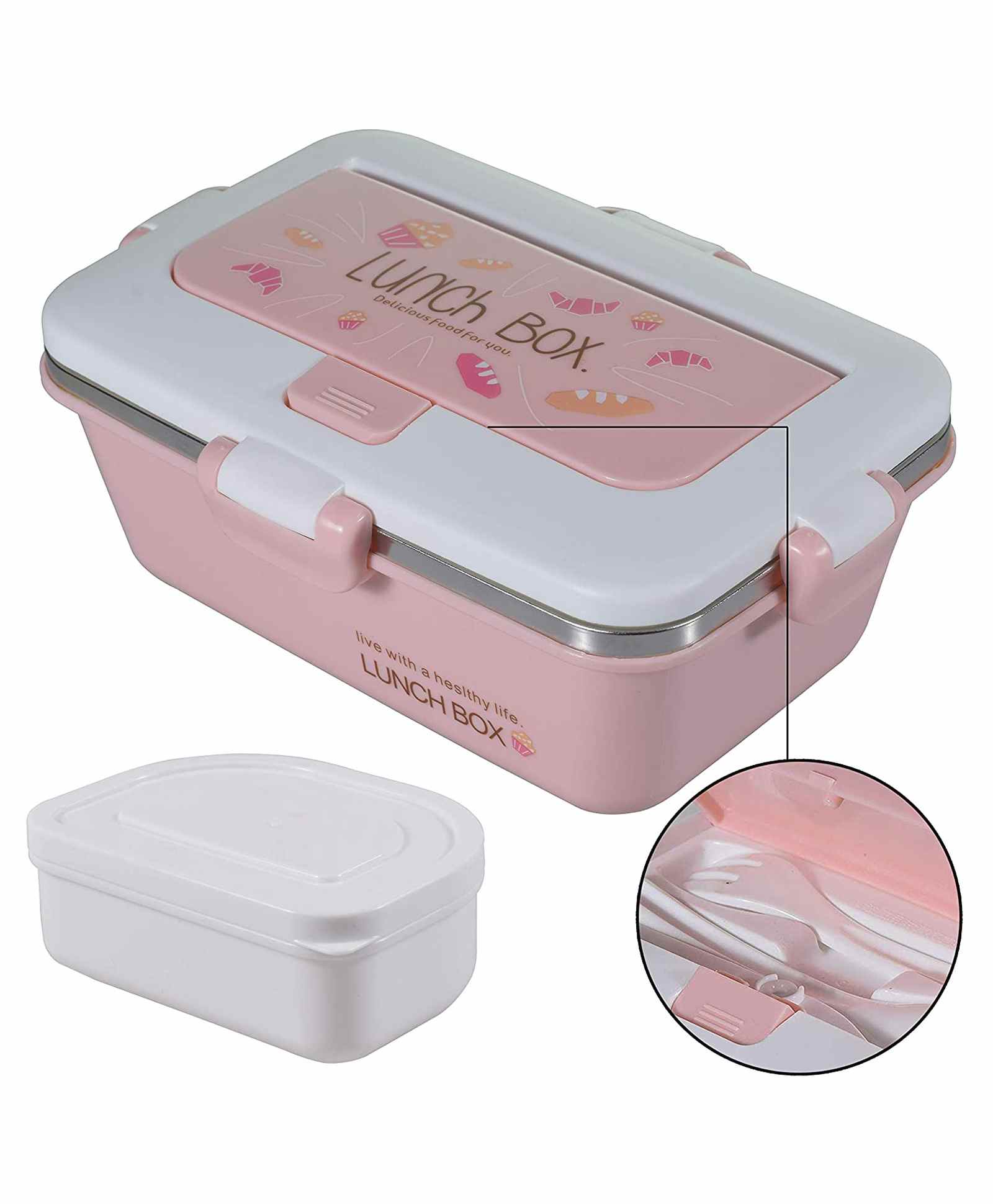 Wishkey Stainless Steel Lunch Box With Spoon & Fork - White & Pink-image-28