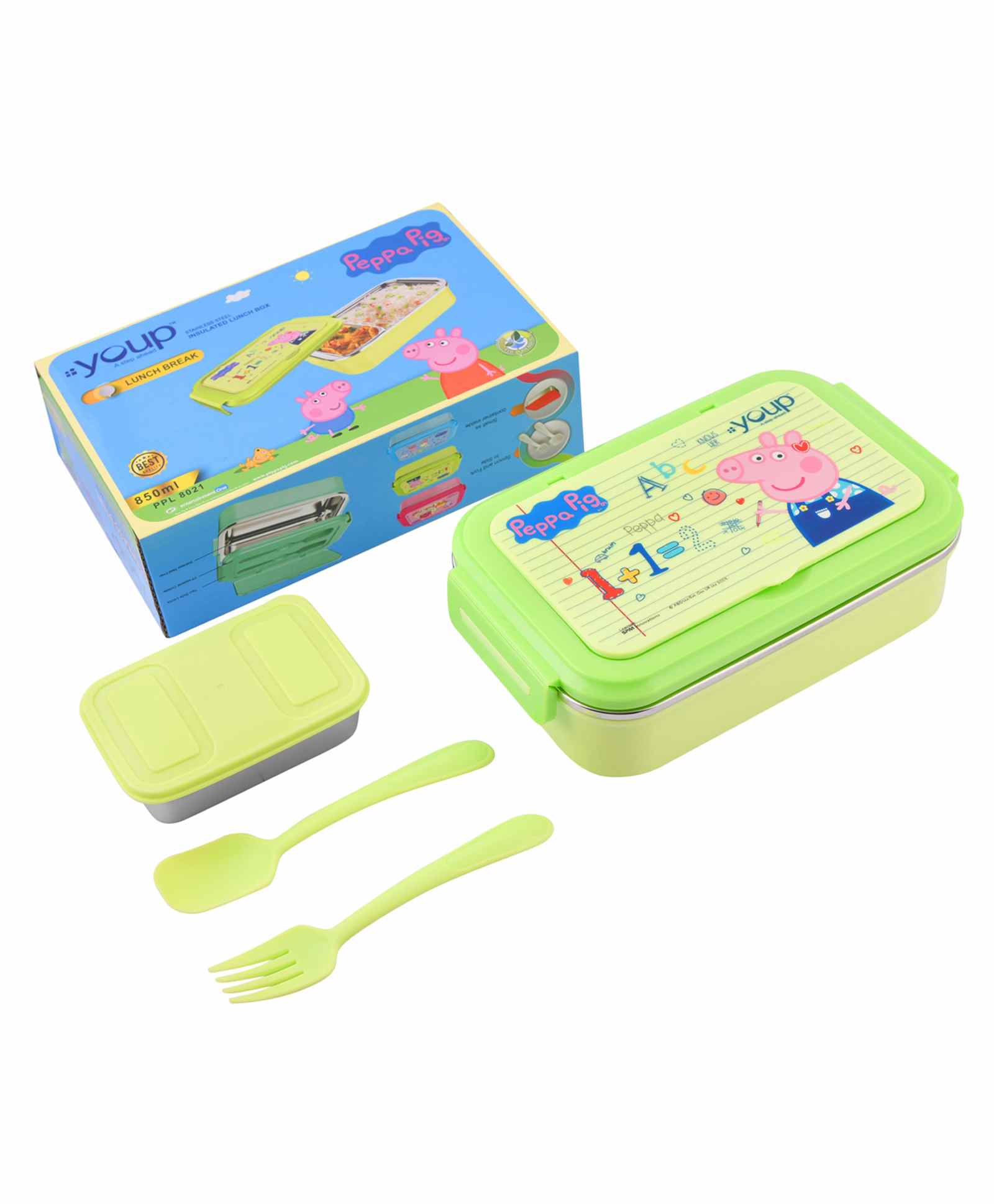 Youp Stainless Steel Insulated Lime Green Color Peppa Pig Kids Lunch Box  -850 ml-image-10