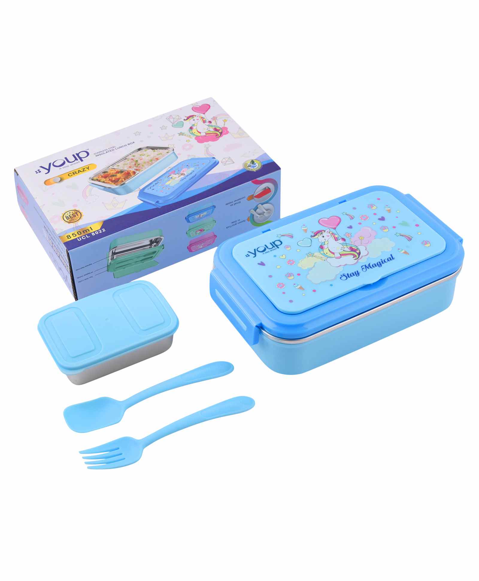 Youp Stainless Steel Insulated Blue Color Unicorn Theme Kids Lunch Box Crazy-850 ml-picture-24