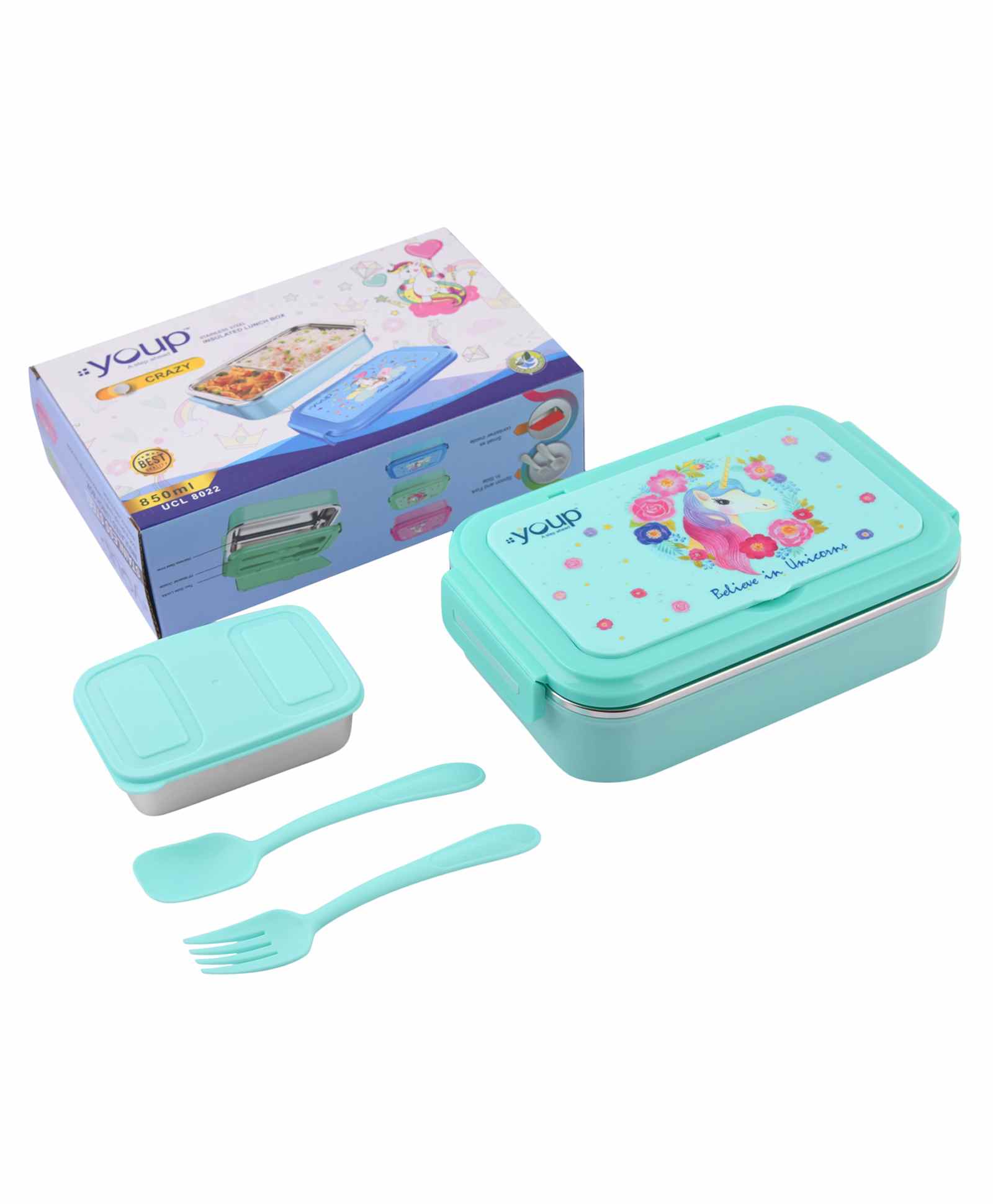 Youp Stainless Steel Insulated Sage Green Color Unicorn Theme Kids Lunch Box Crazy-850 ml-image-33
