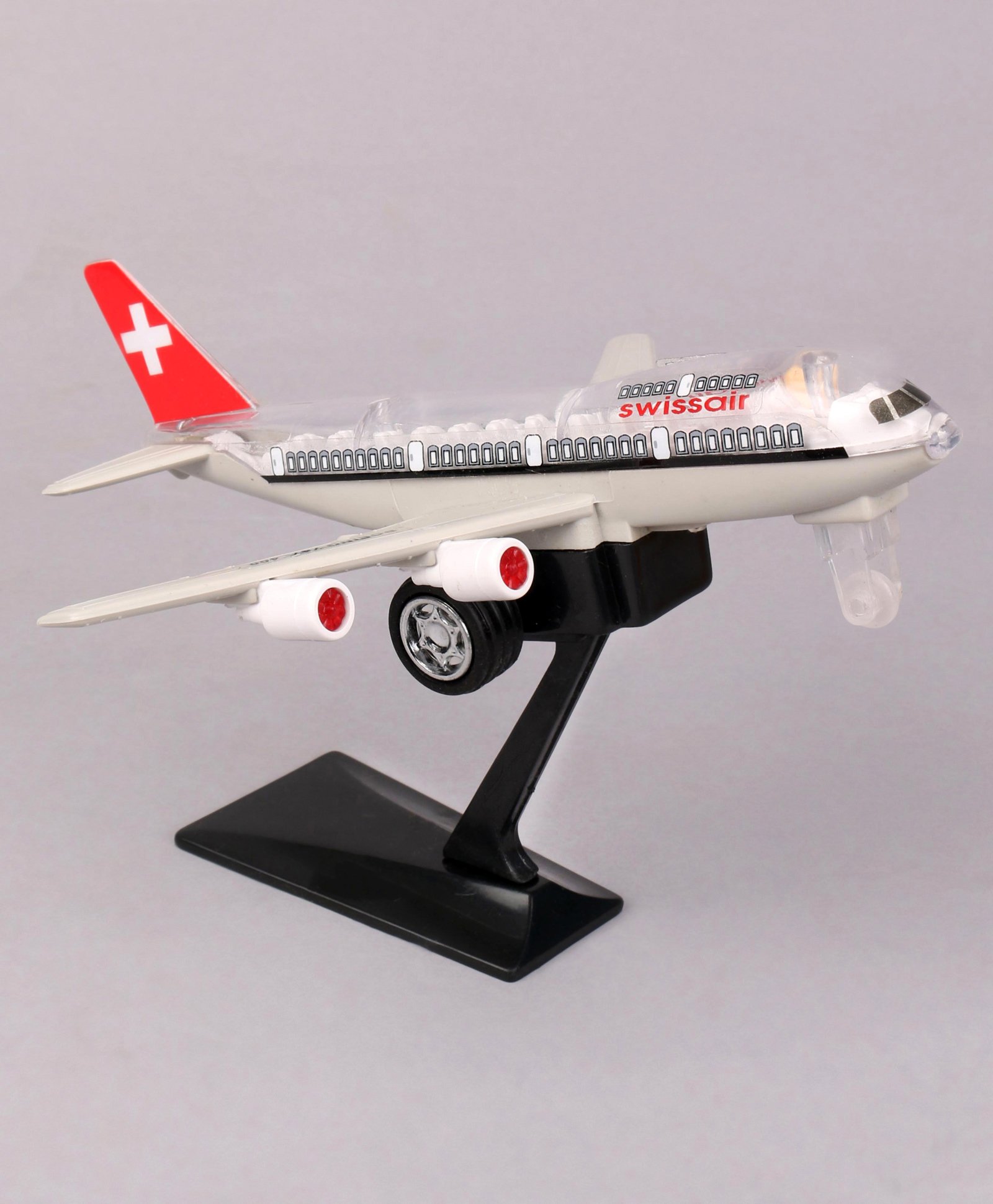 Shinsei Jumbo Pull Back 747 Swissair Plane with Stand - White (Color & Print May Vary)-image-21