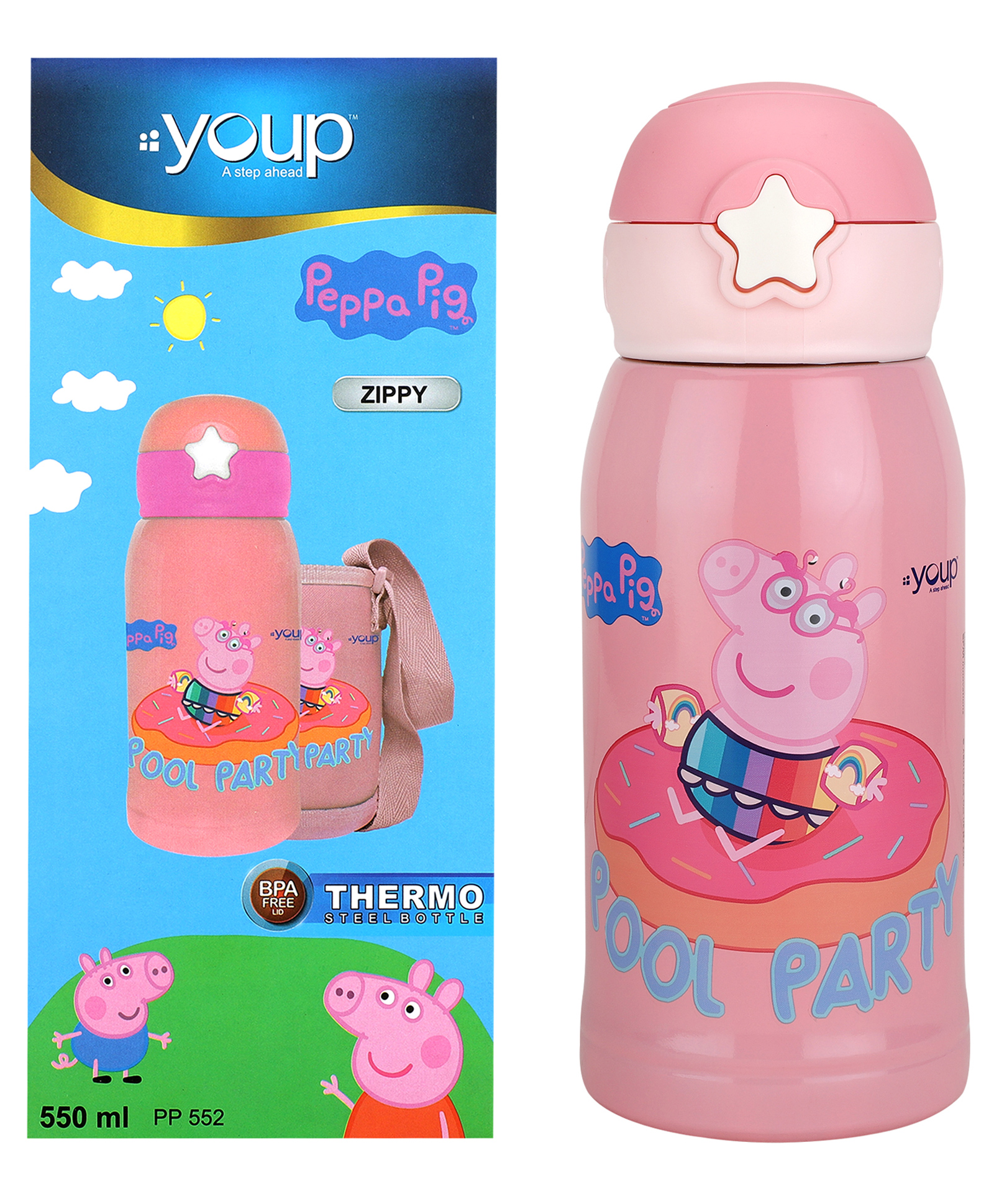 Youp Stainless Steel  Pink Color Peppa Pig Kids Insulated Double Wall Sipper Bottle Zippy - 550 ml-image-18