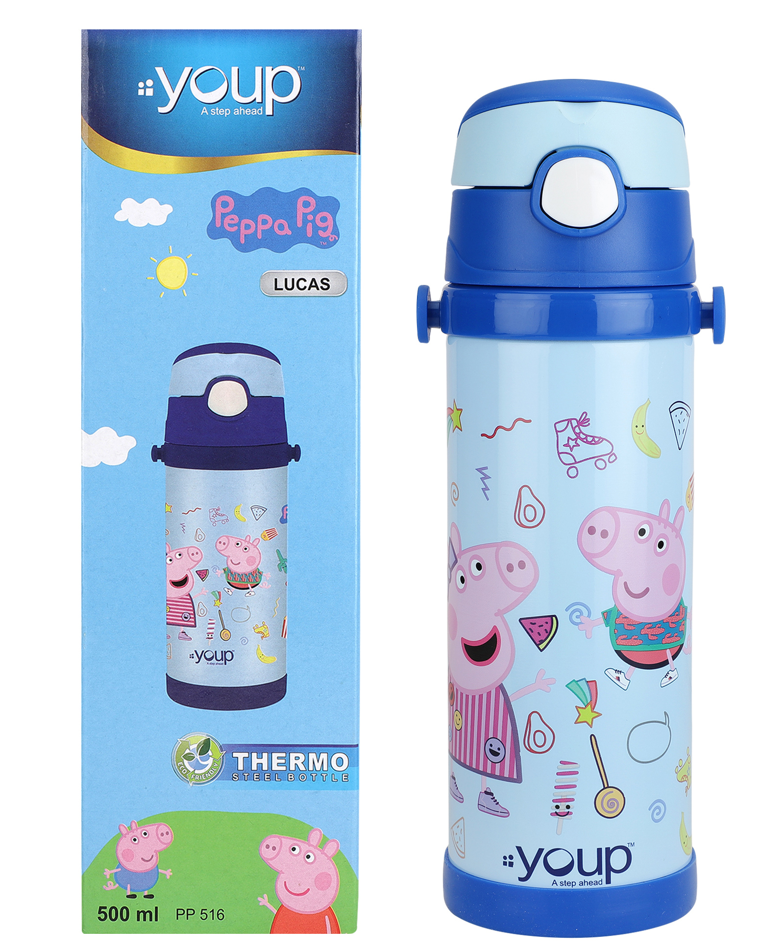 Youp Stainless Steel Blue Color Peppa Pig Kids Insulated Double Wall Sipper Bottle Lucas - 500 ml-picture-21