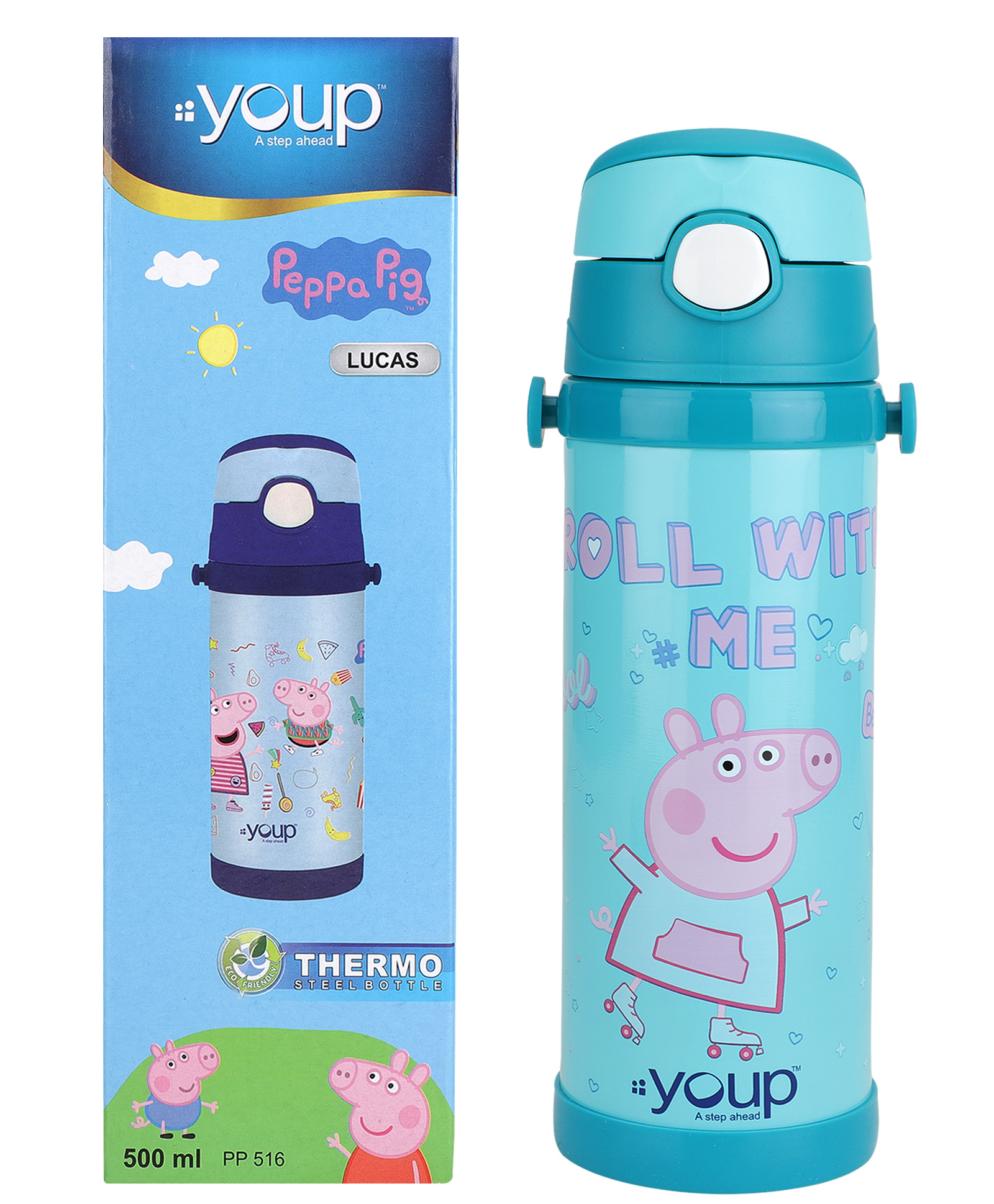Youp Stainless Steel Green Color Peppa Pig Kids Insulated Double Wall Sipper Bottle Lucas - 500 ml-picture-3