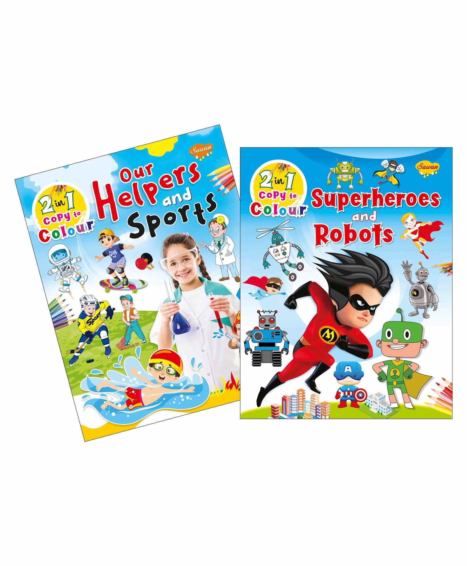 Sawan  2 in 1 Our Helpers Sports & Superheroes Robots Copy to Colour Books Pack of 2 - English-image-33