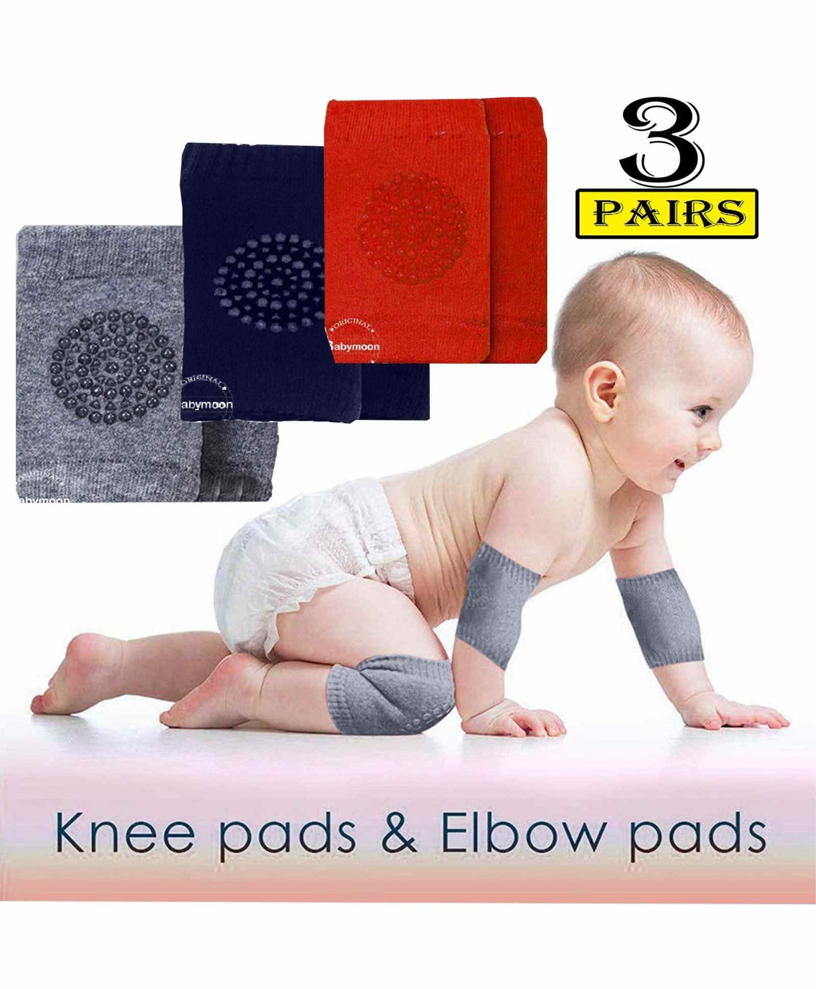 Babymoon Baby AntiSlip Stretchable Knee Cap Elbow Safety Protector Set Of 3 - Multicolour-image-22