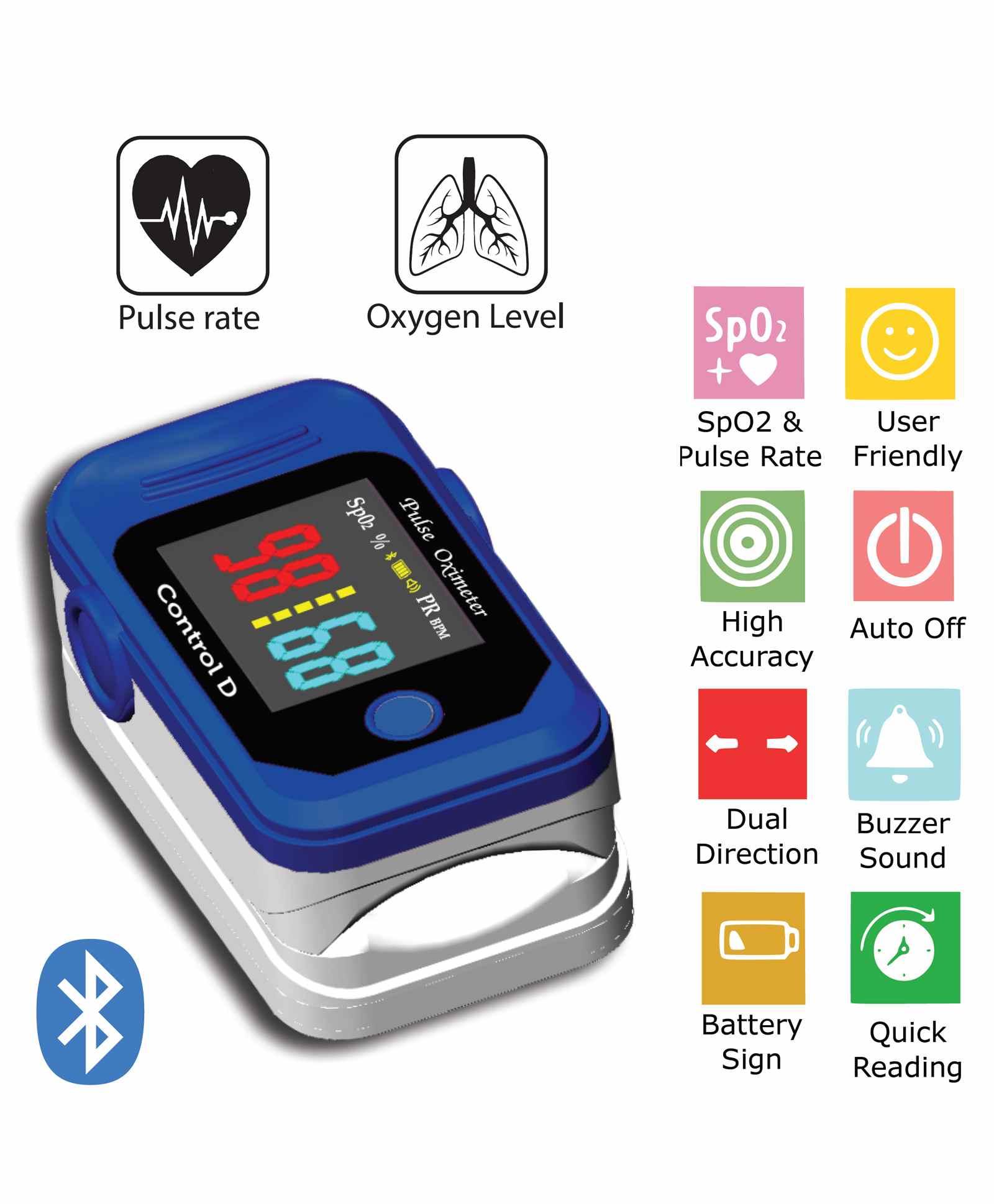 Control D Bluetooth Digital Pulse Oximeter - Blue White-image-1