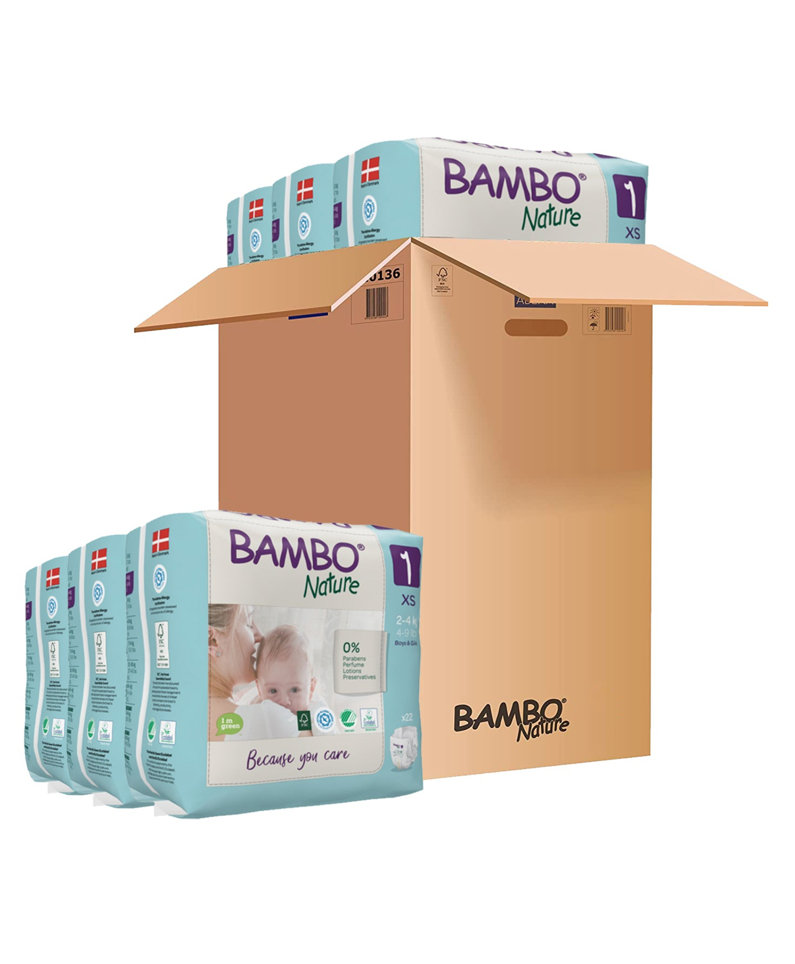 Bambo Nature Eco Friendly Tape Diapers with Wetness Indicator XS Size Pack of 6 - 132 Pieces