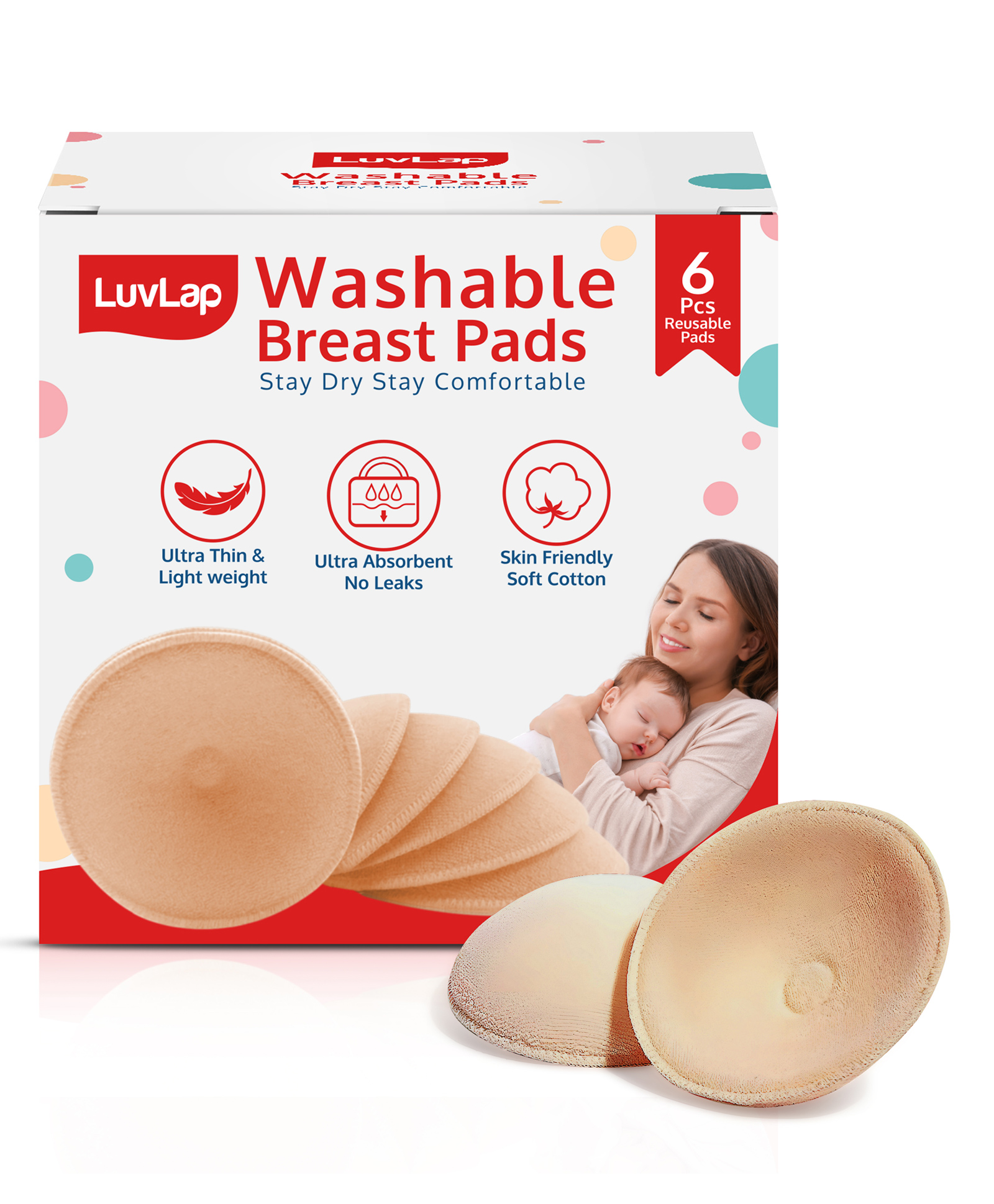 LuvLap Washable Breast Pads Beige - Pack of 6-image-1