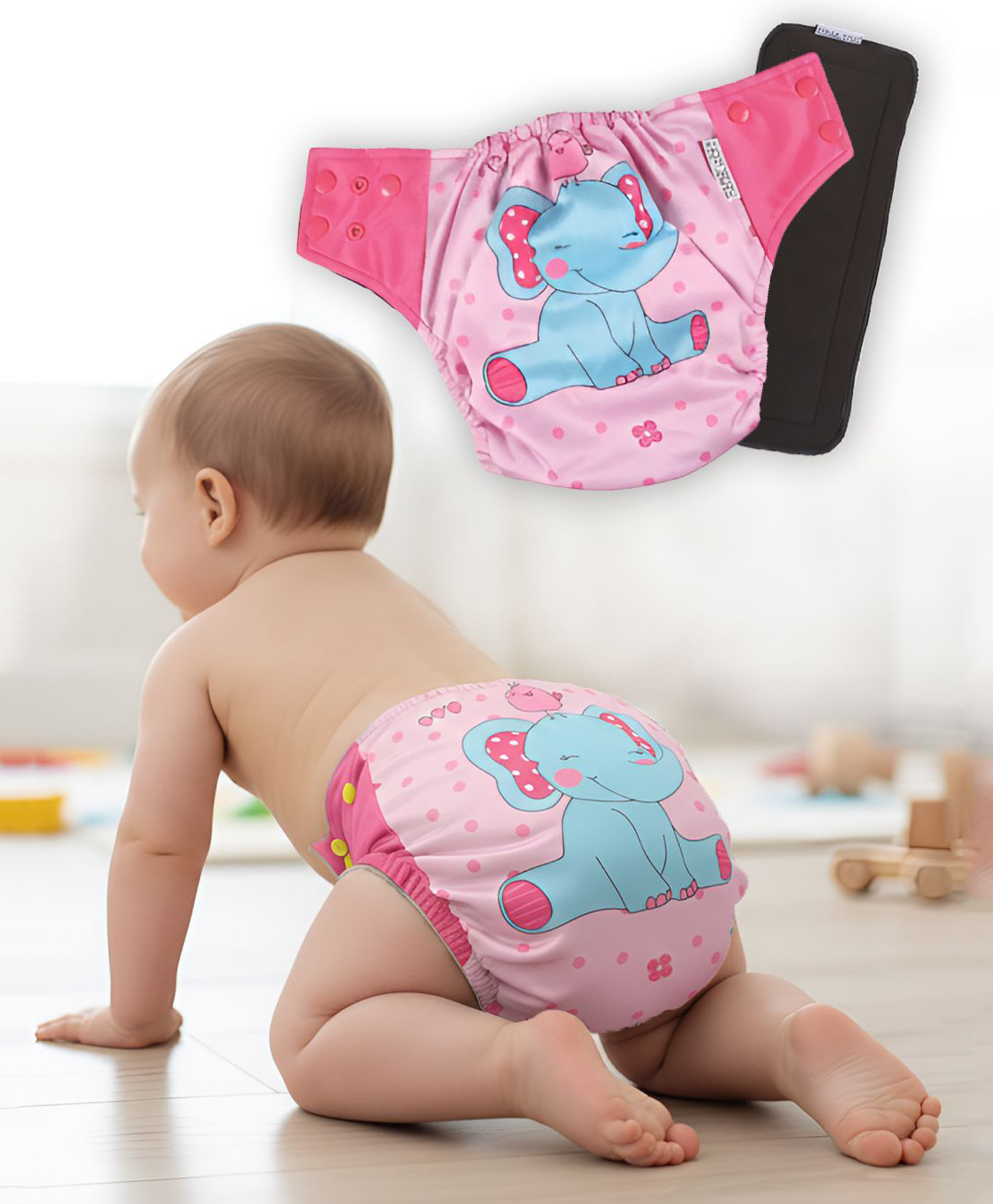 POLKA TOTS Reusable & Washable Cloth Diapers with 5 Layers Bamboo Charcoal Insert and Size Adjustable Snap Buttons - Elephant-picture-45