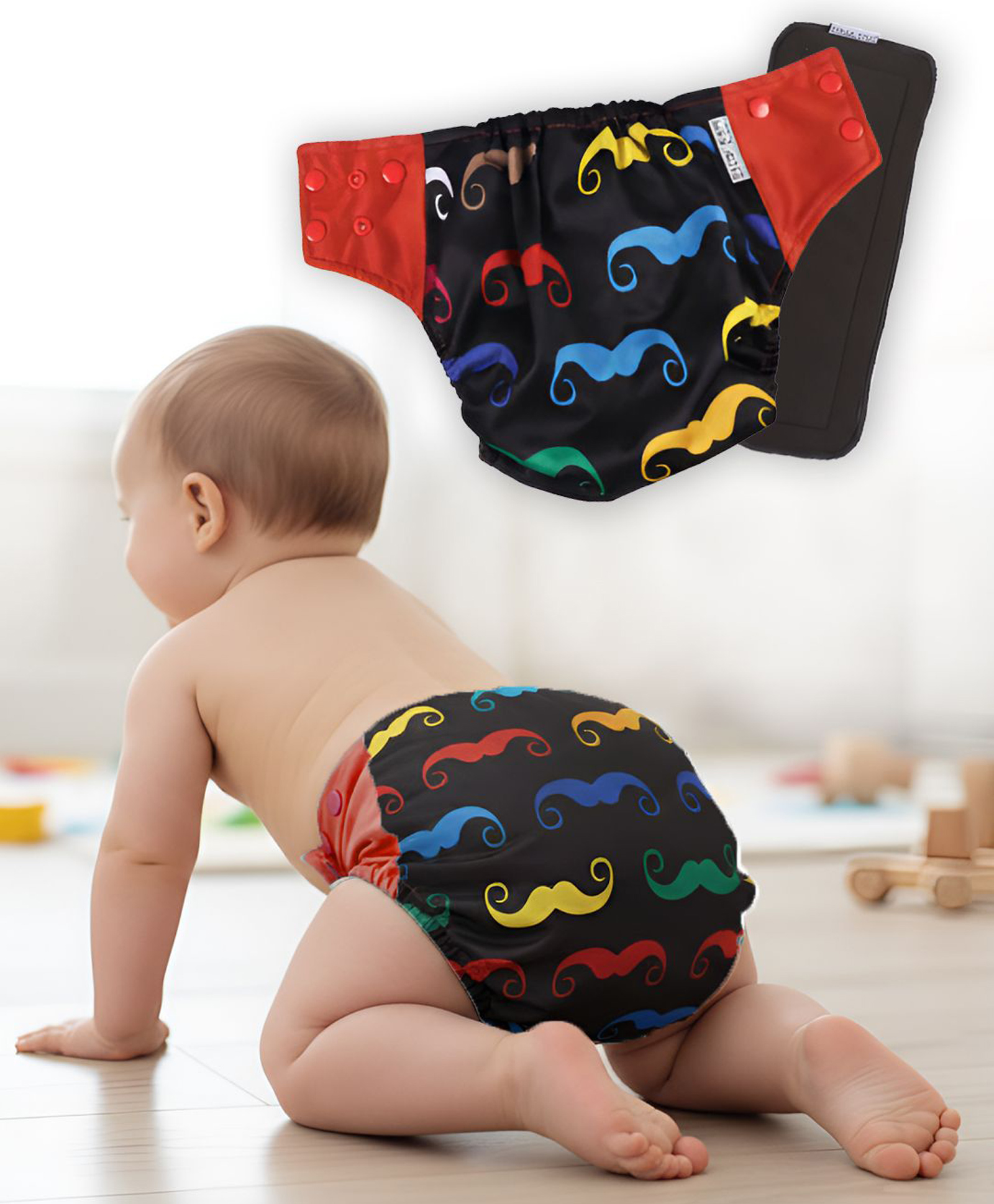 POLKA TOTS Reusable & Washable Cloth Diapers with 5 Layers Bamboo Charcoal Insert and Size Adjustable Snap Buttons -Moustache-picture-46