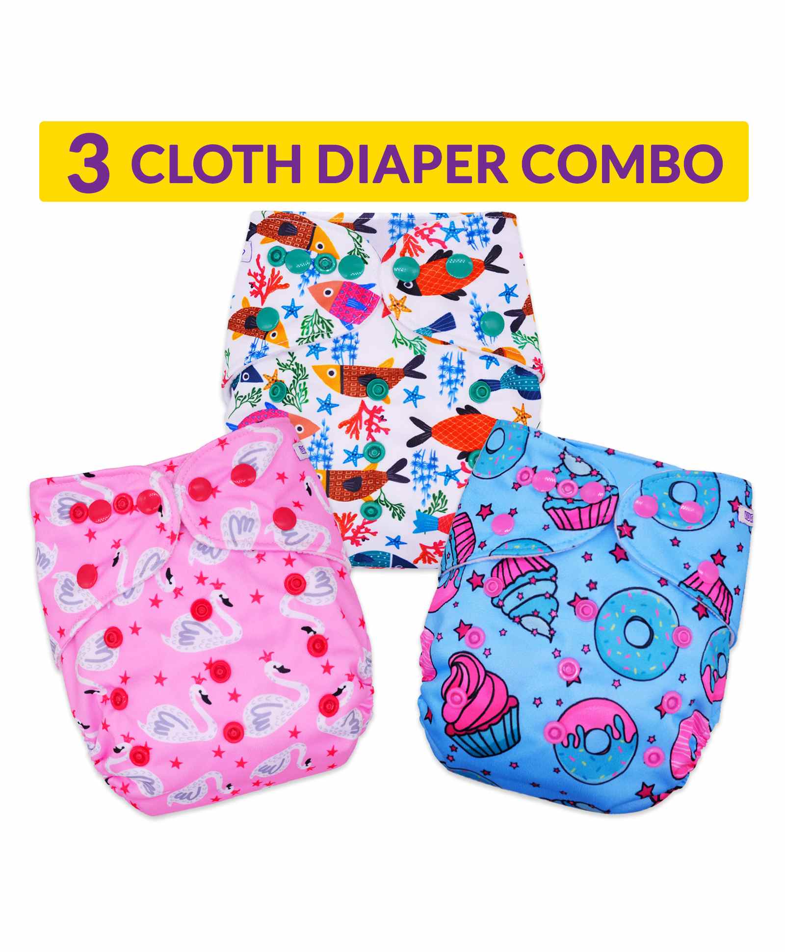 Bembika Reusable Cloth Diapers Multi Print Pack of 3 - Pink Blue Multicolor-image-15