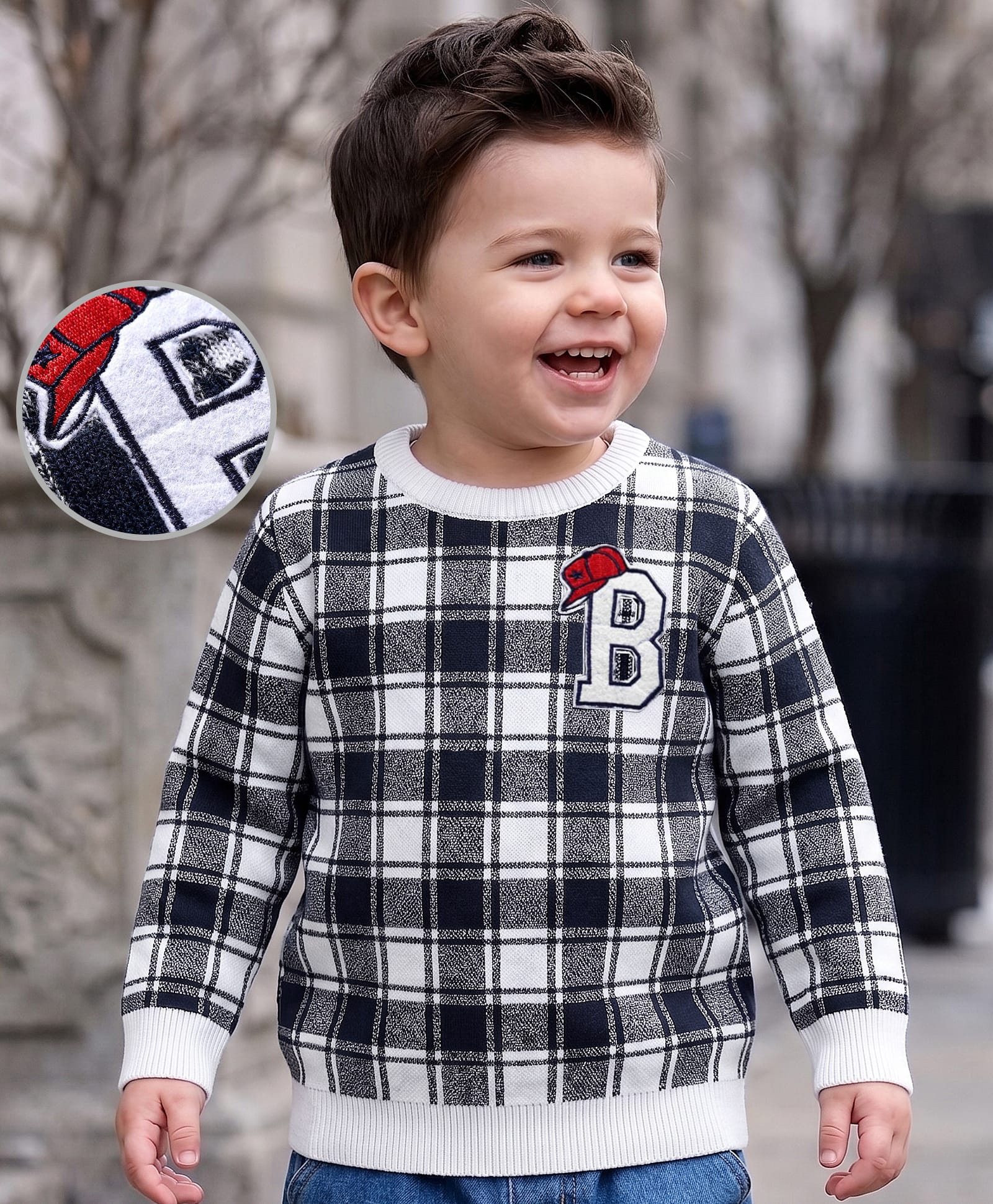 Babyoye Acrylic Full Sleeves Sweater Checked - Grey-image-30