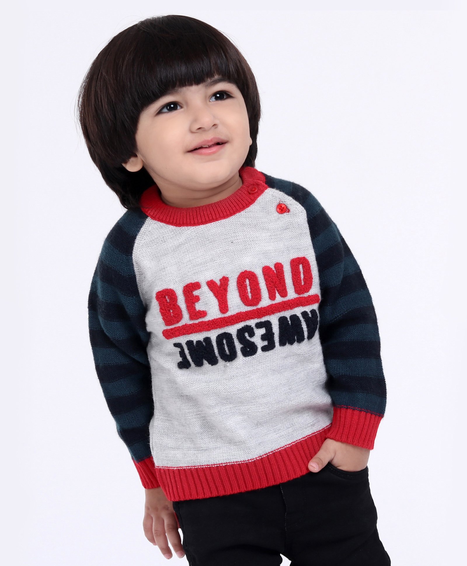 Babyoye Full Sleeves Sweater Text Design - Grey Blue Red-image-34