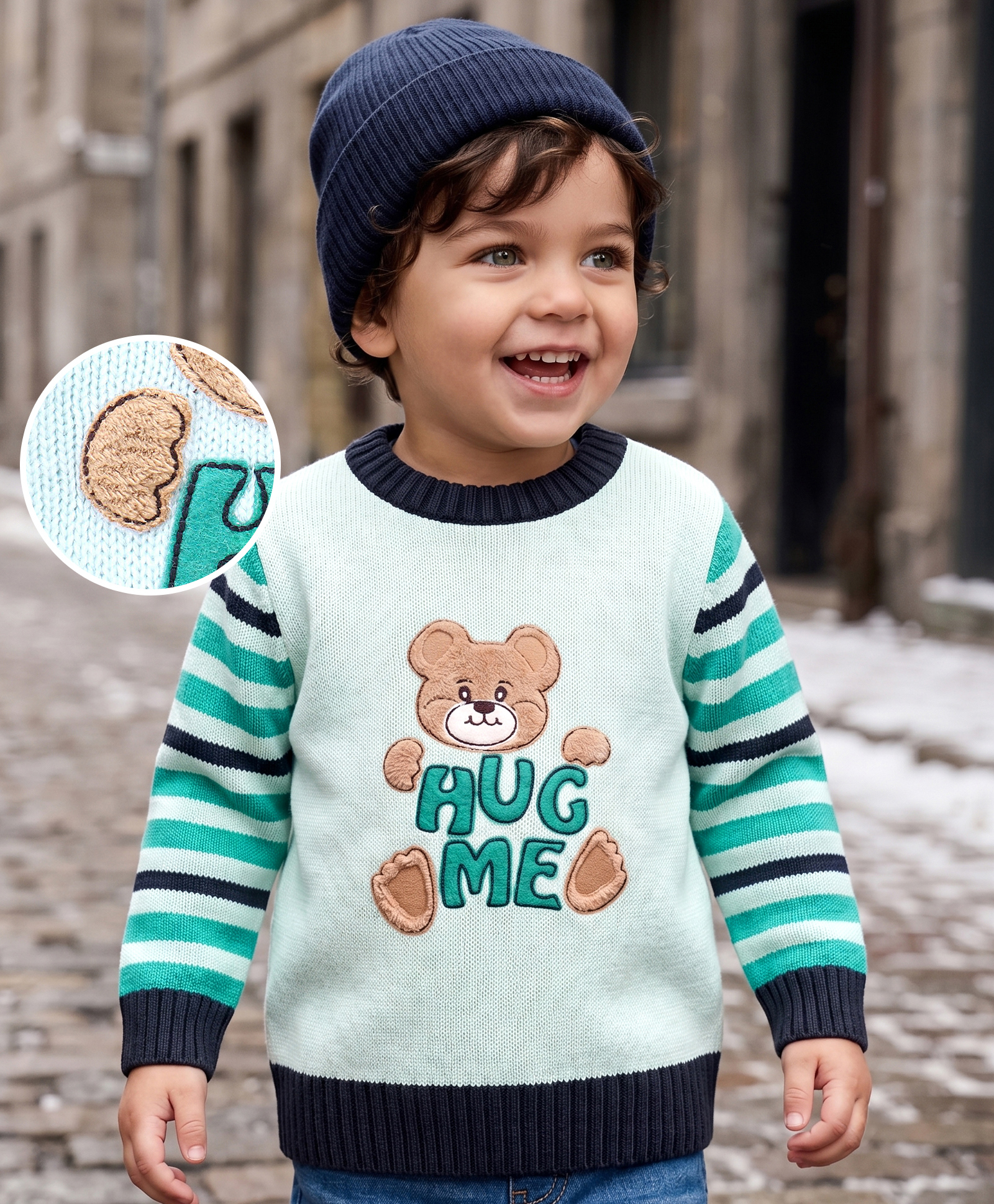 Babyoye Acrylic Full Sleeves Sweater Bear Embroidery -  Blue-image-24