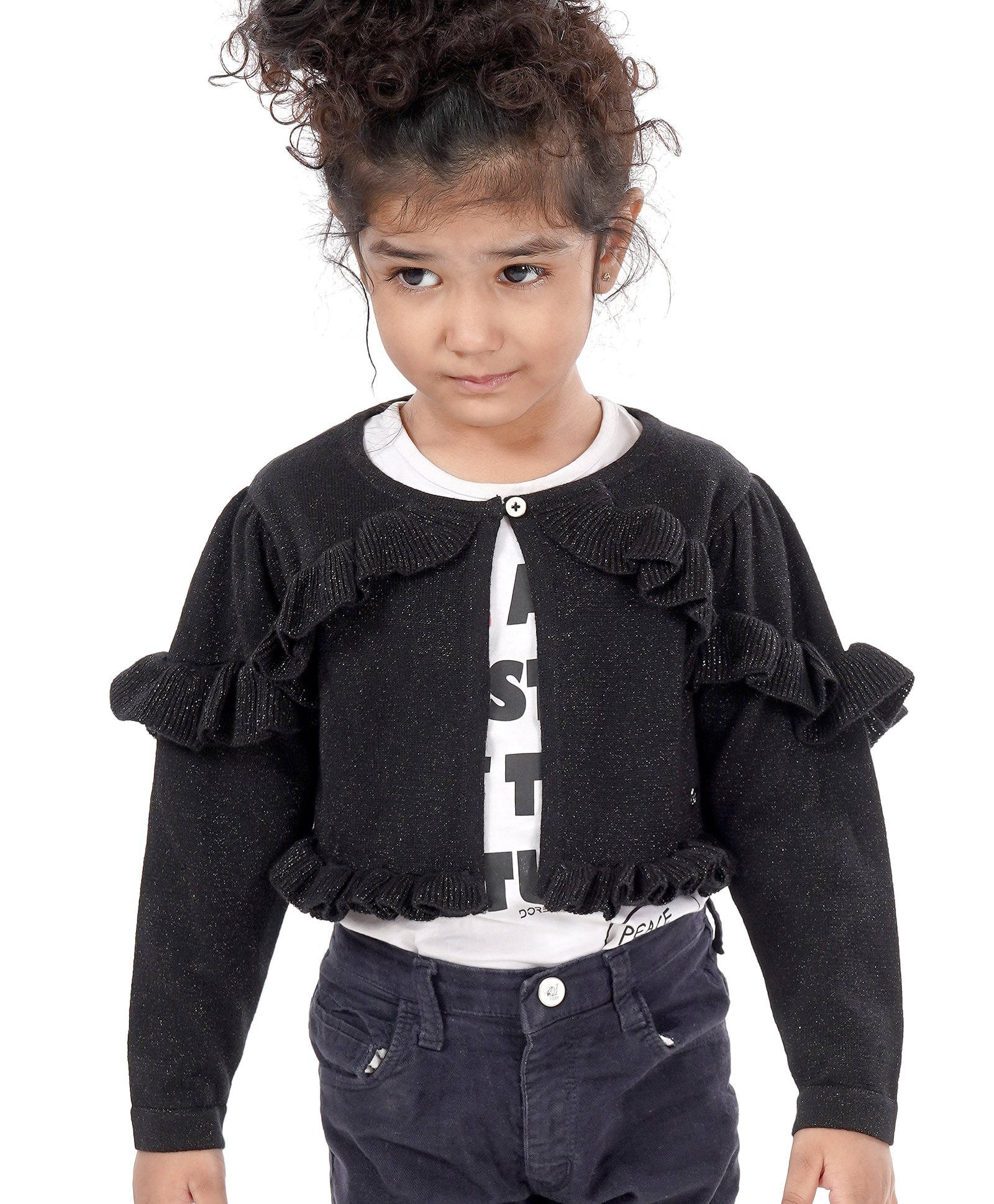 Babyoye Full Sleeves Ruffled Shrug - Black-image-5