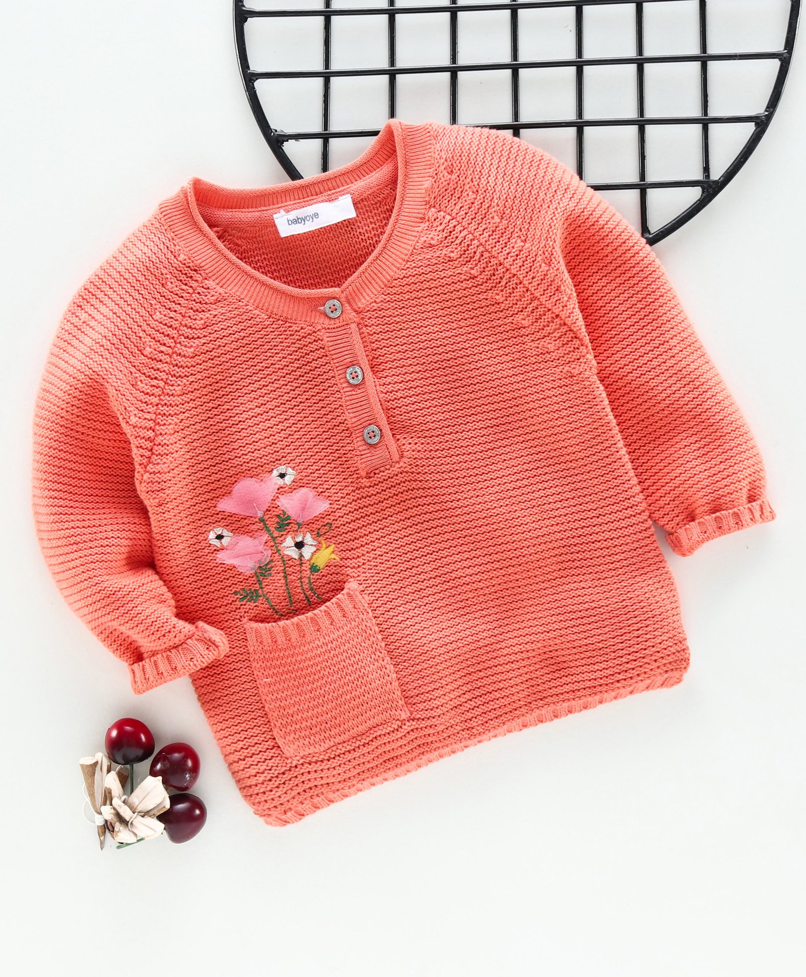 Babyoye Full Sleeves Sweater Floral Embroidery - Coral-image-45