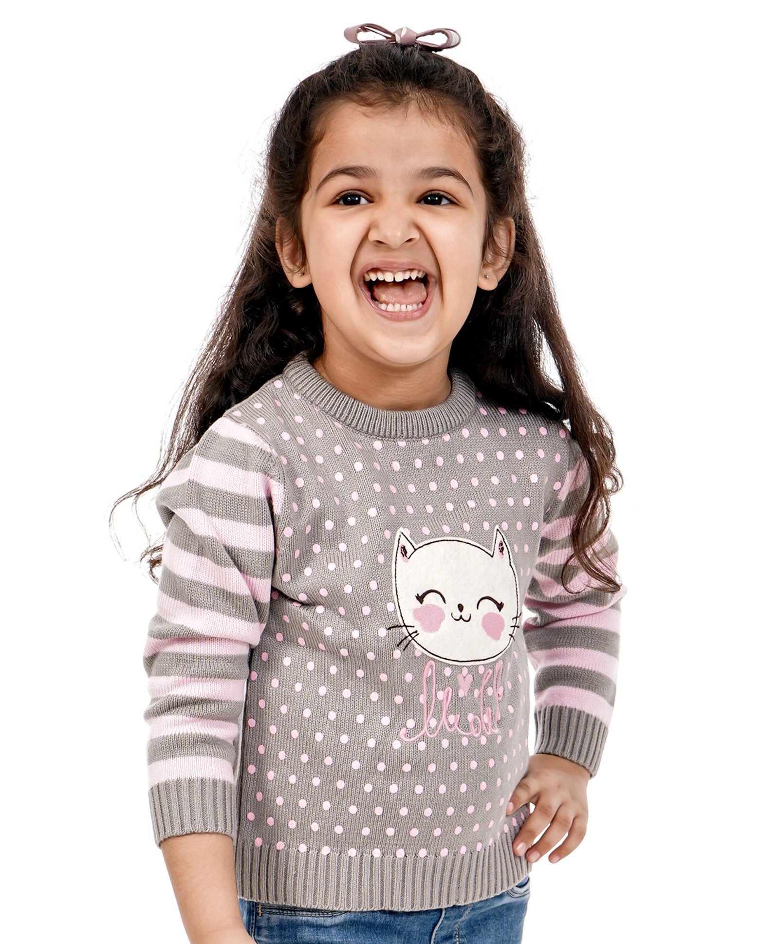 Babyoye Full Sleeves Sweater Kitty Patch - Grey Pink-image-23