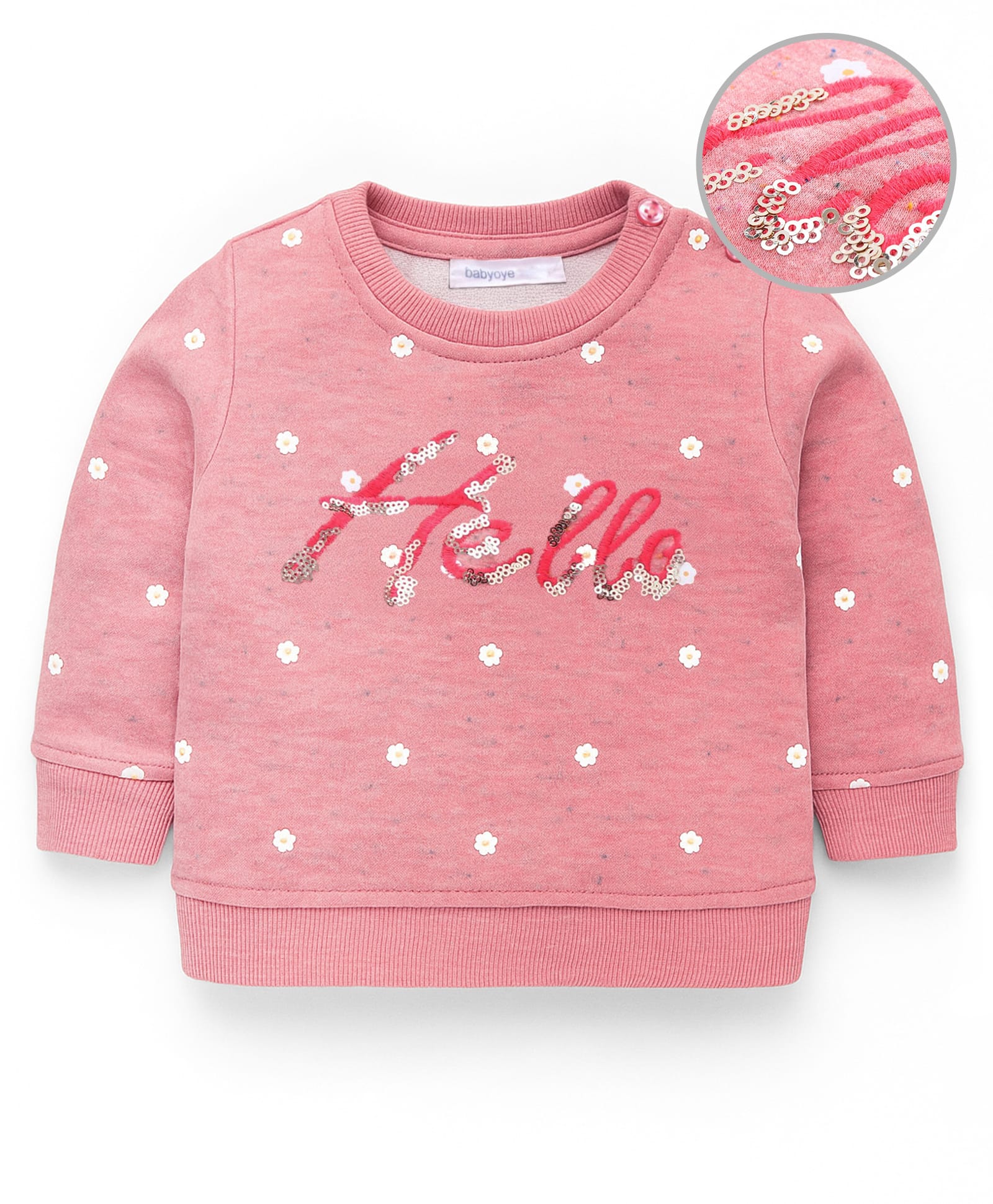 Babyoye Brushed Fleece Full Sleeves Sweatshirt Hello Embroidery - Pink-image-48