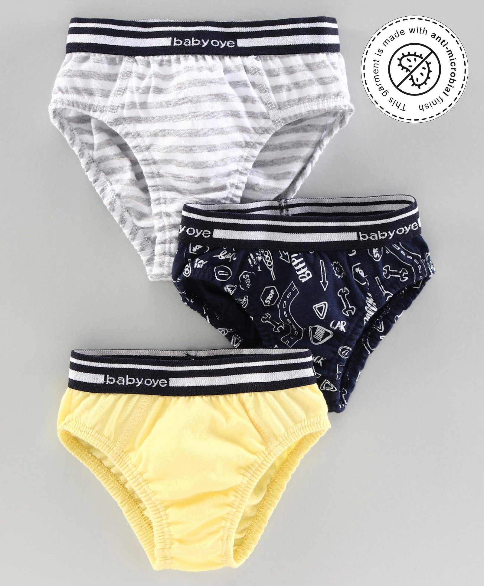 Babyoye Cotton Blend Briefs Multiprint Pack of 3 - Yellow Navy Blue Light Grey-image-48
