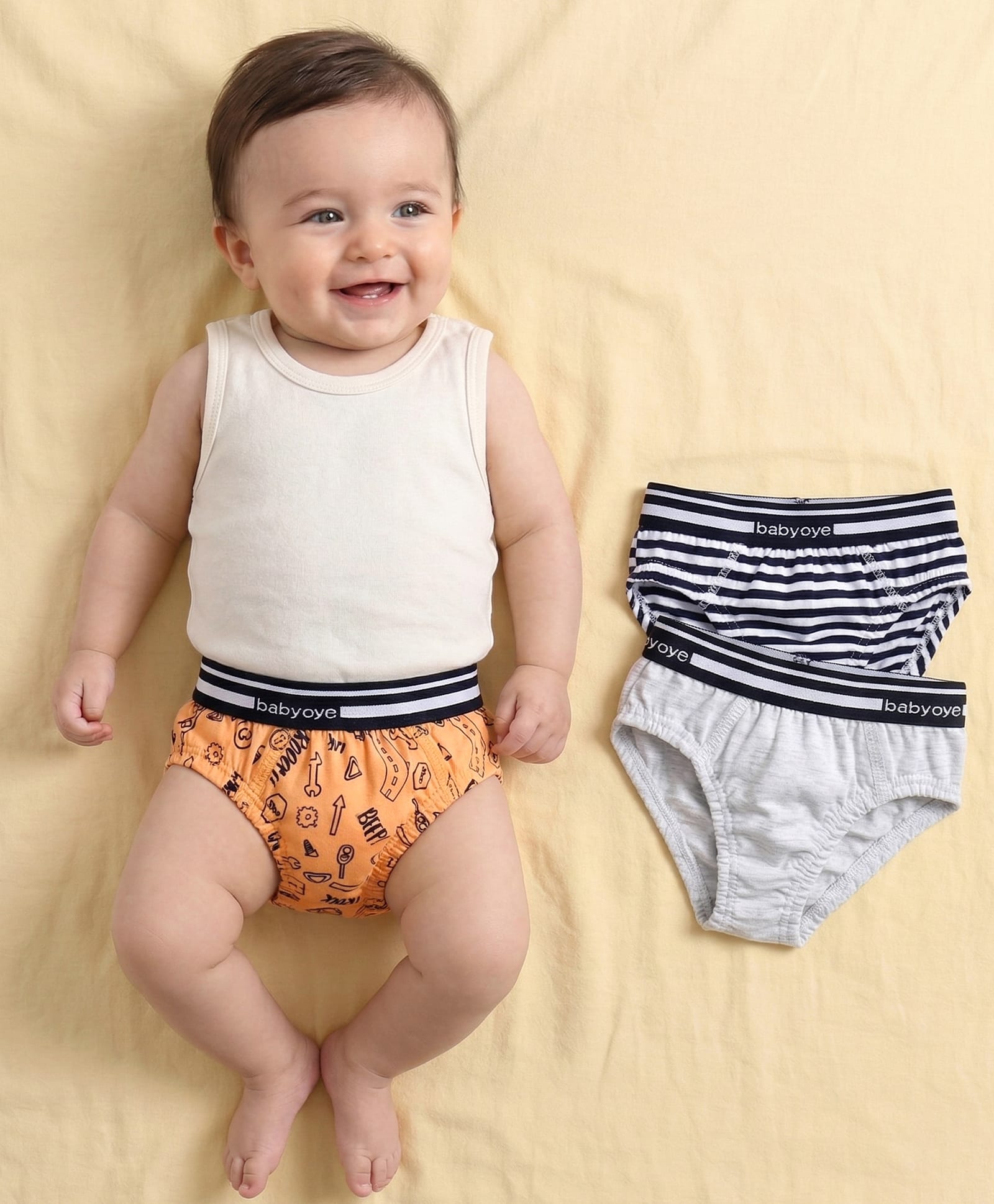 Babyoye Cotton Blend Briefs Pack of 3 - White Grey Yellow-picture-35