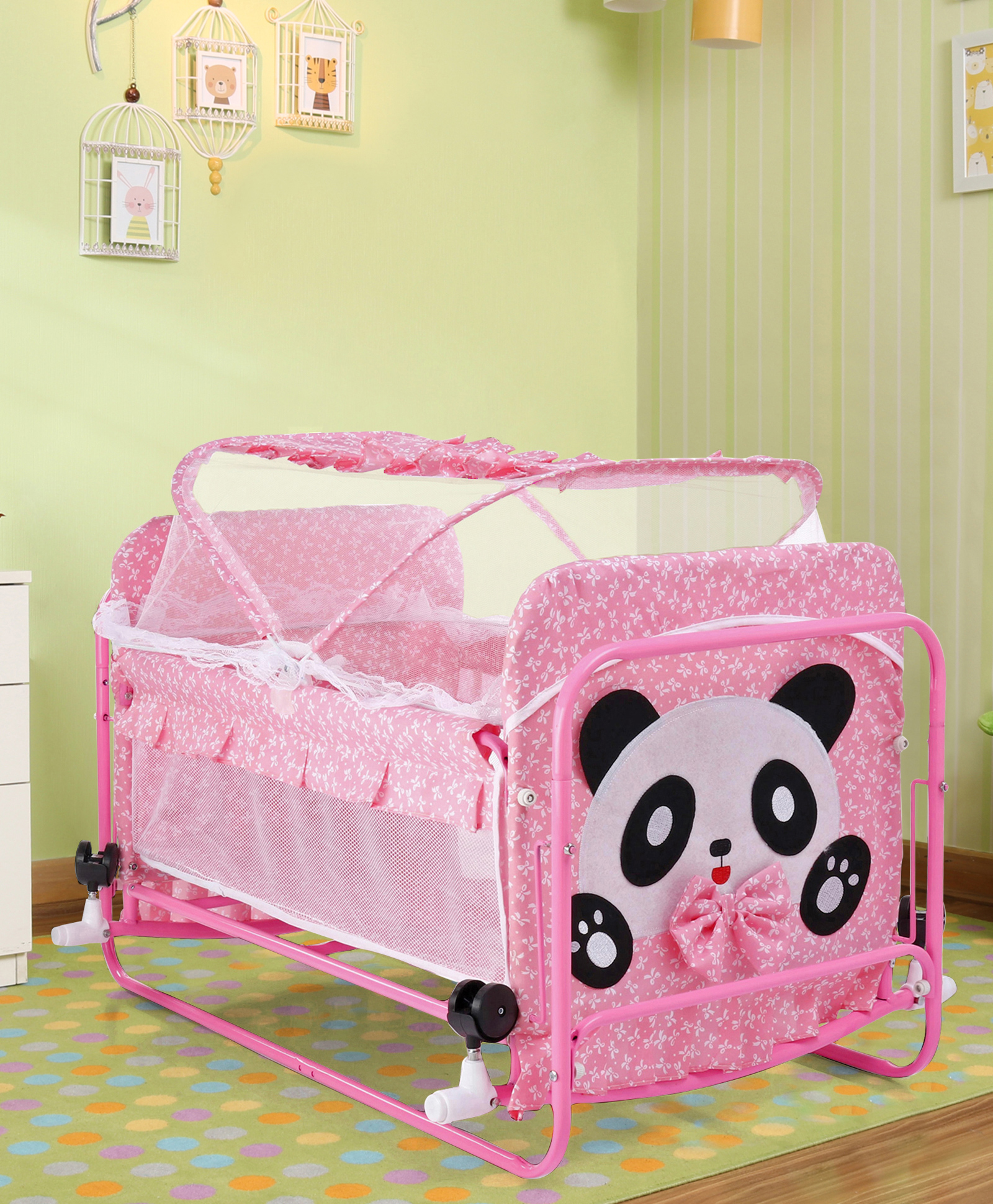 fab n funky Baby Lightweight Cradle Mosquito Net Panda Print  With Moderate Swing - Pink-picture-28