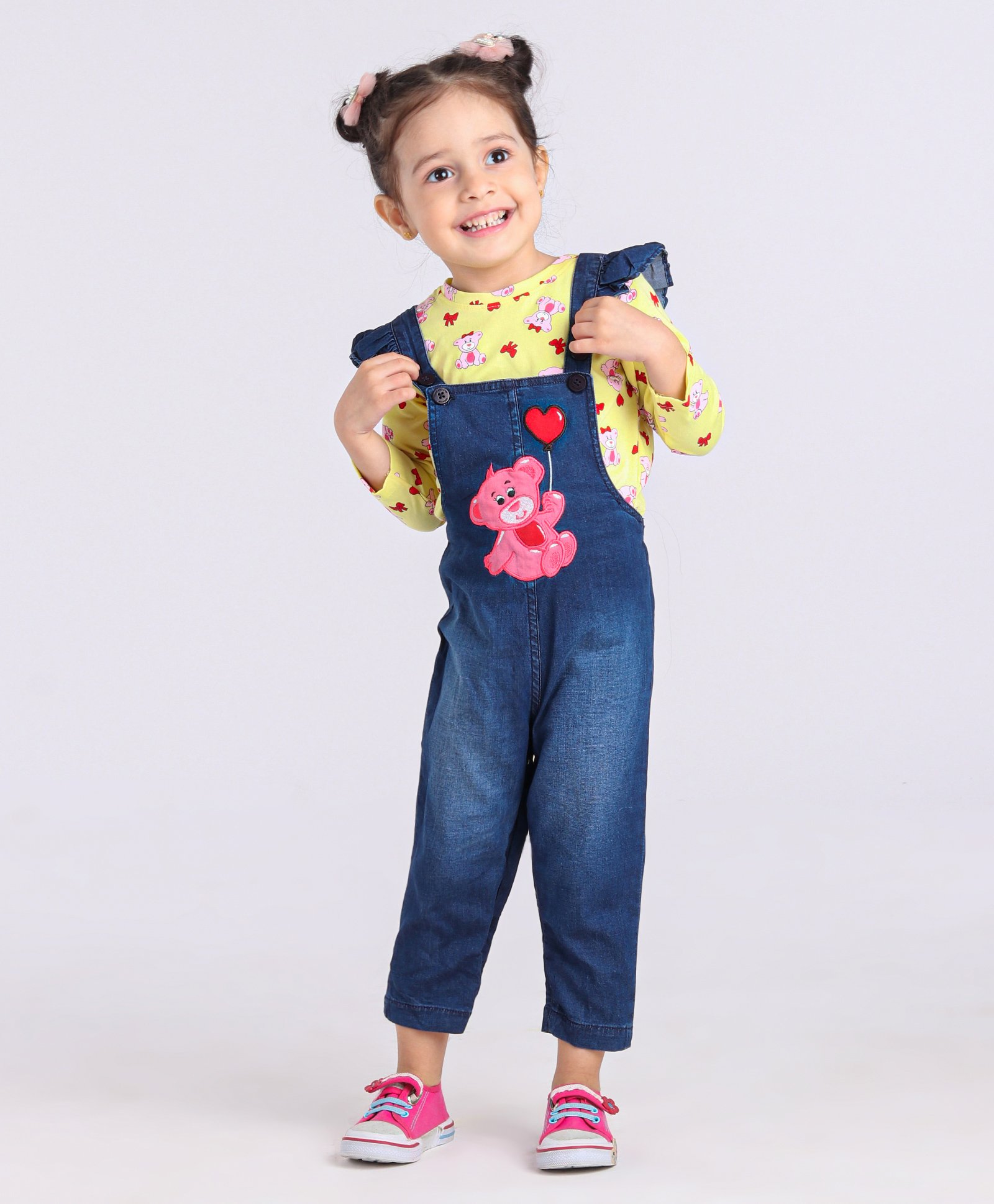 Babyoye Denim Cap Sleeves Dungaree Style Romper With Full Sleeves Tee Bear Embroidery - Blue Yellow-image-3