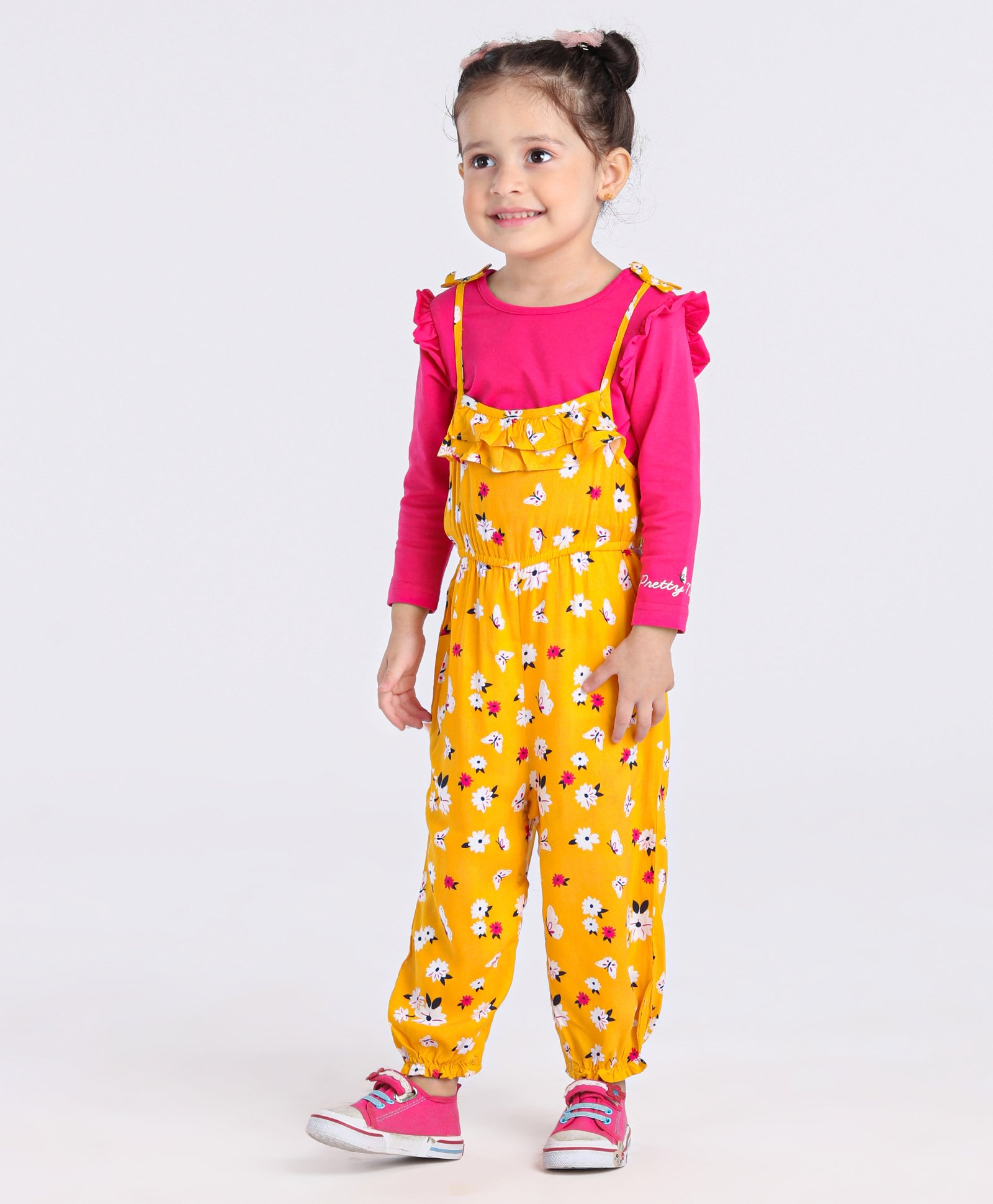 Babyoye Dungaree Style Romper With Full Sleeves Inner Tee Floral Print - Pink Yellow-image-23