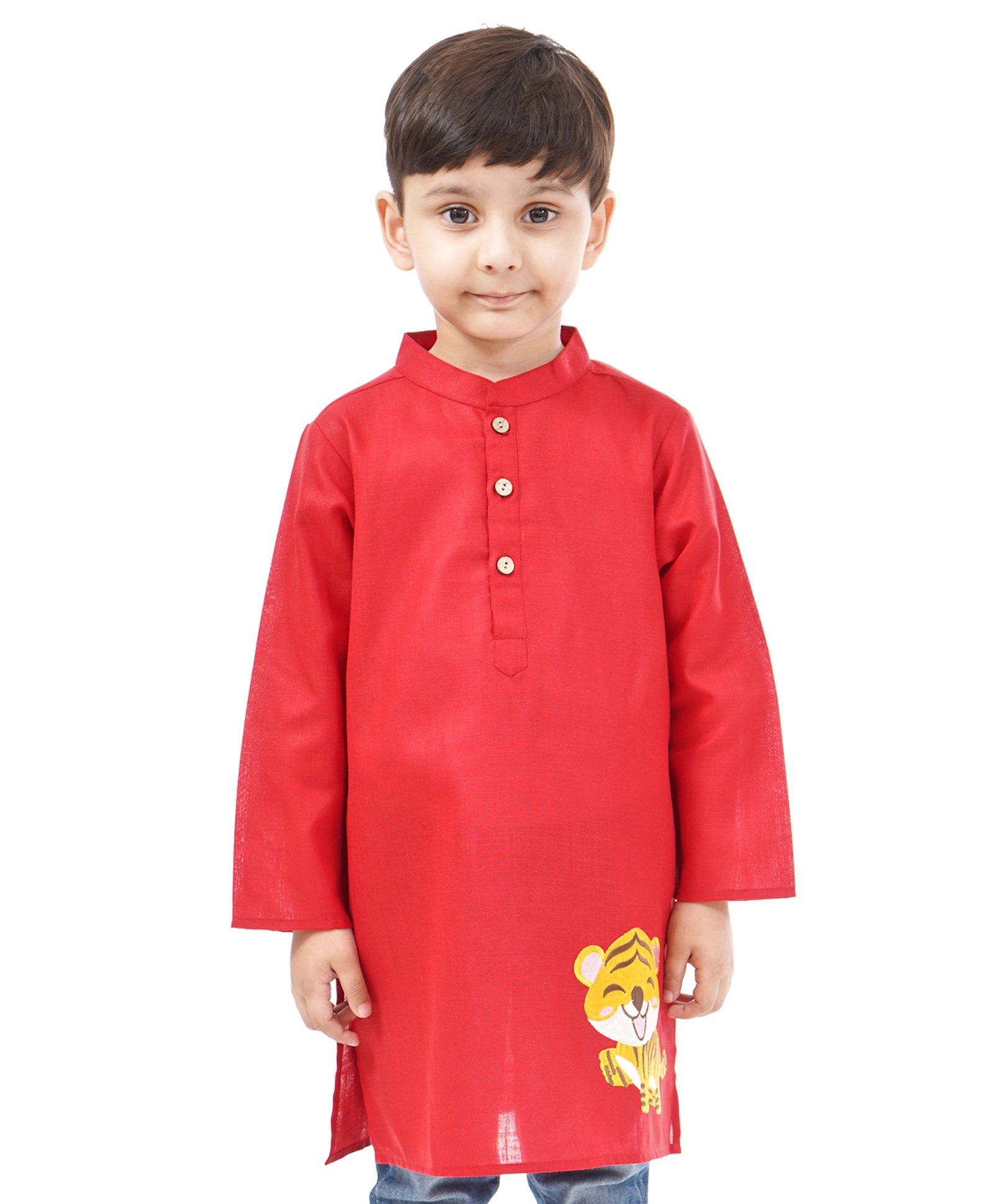 Babyoye Cotton Full Sleeves Kurta Tiger Embroidery - Red-image-32